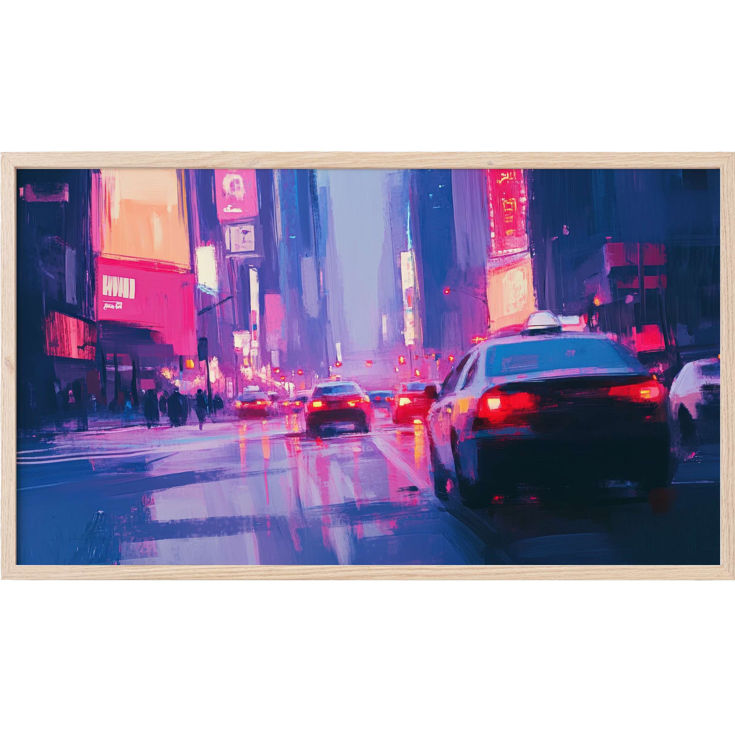 Vibrant cityscape at dusk in purples and pinks, sleek urban Frame TV Art captures dynamic nightlife glow