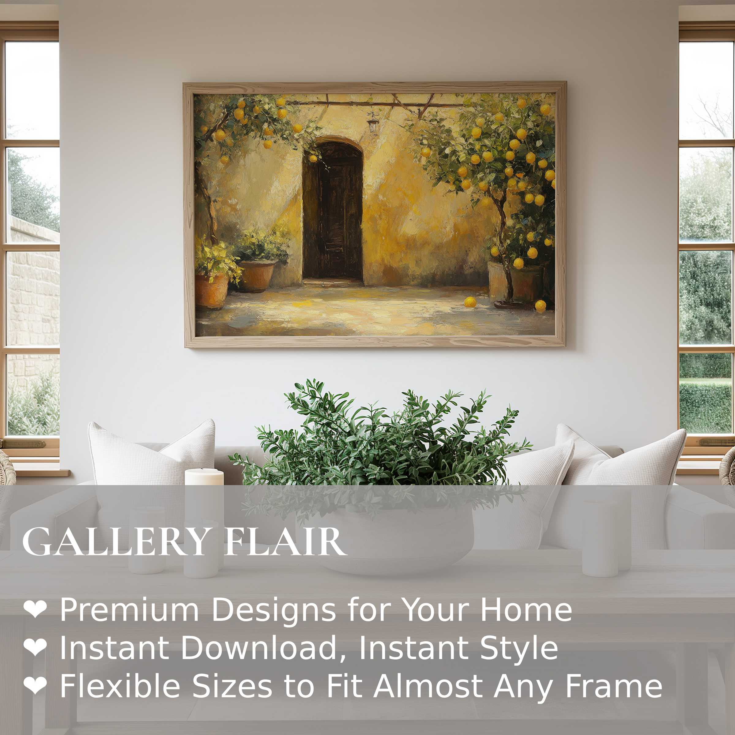 Radiant tree wall art print featuring a sunlit lemon tree courtyard, enhancing serene, modern rustic interiors with warm, natural charm