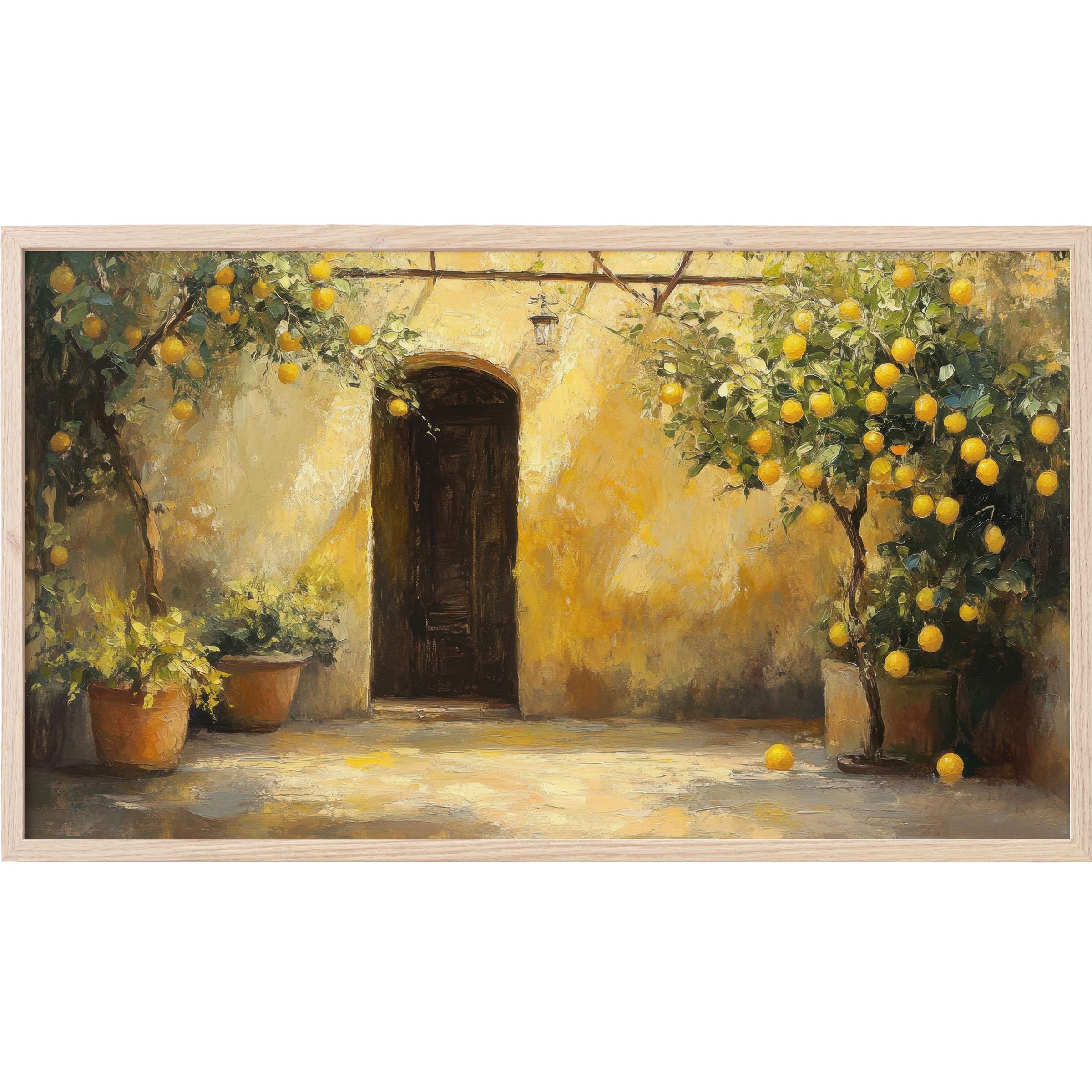 Elegant sunlit courtyard with lemon trees in warm yellows and greens, perfect tree Frame TV Art for refined spaces