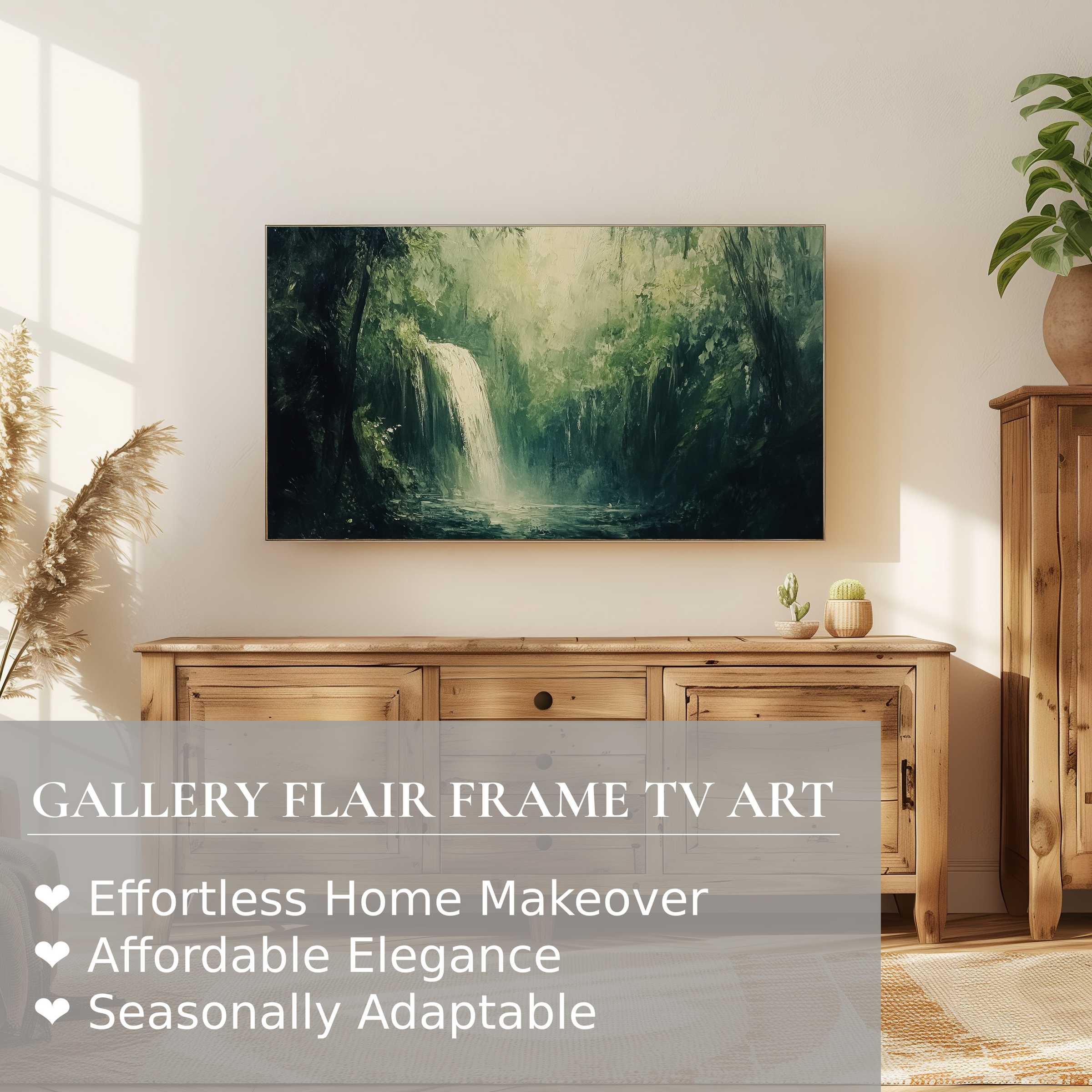 Samsung Frame TV displaying serene summer digital artwork, enhancing modern, elegant home decor with nature-inspired tranquility