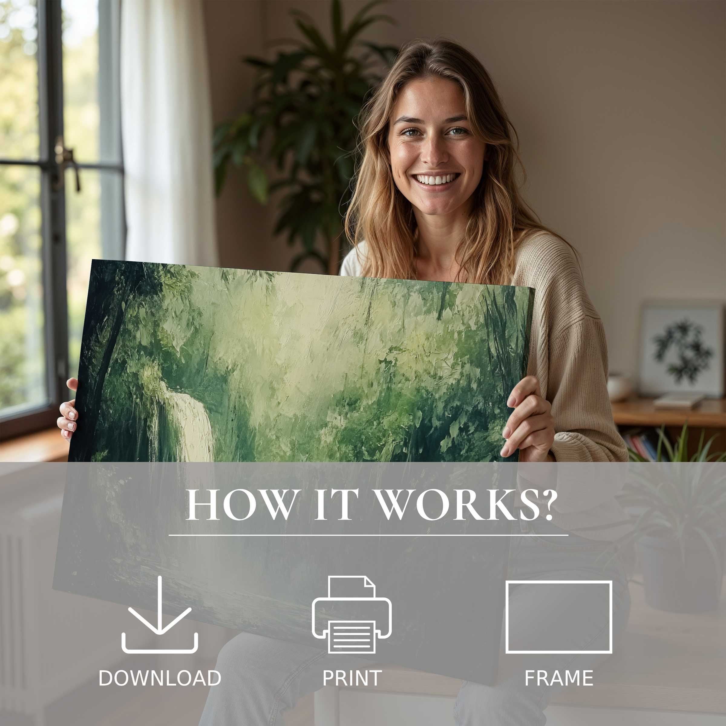 Radiant joy illuminates a modern home as a summer digital art print in lush green tones inspires serene connection and effortless elegance