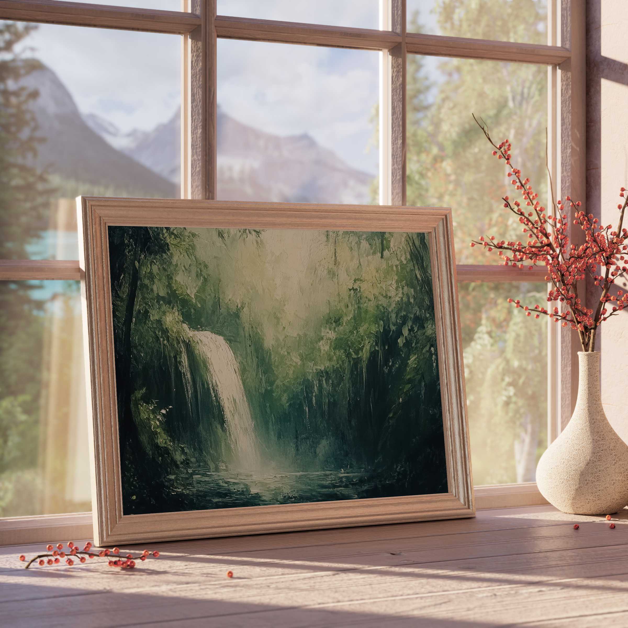 Summer downloadable art capturing a serene waterfall scene, enriching tranquil, design-forward interiors with nature’s elegance