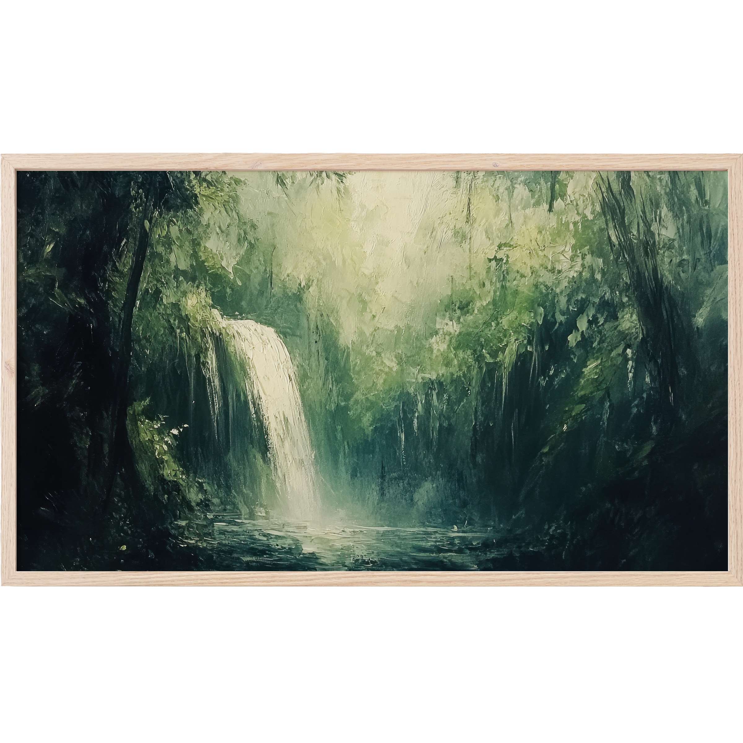 Lush green forest scene with a serene waterfall, soft light mist, and textured brushstrokes, summer Frame TV Art