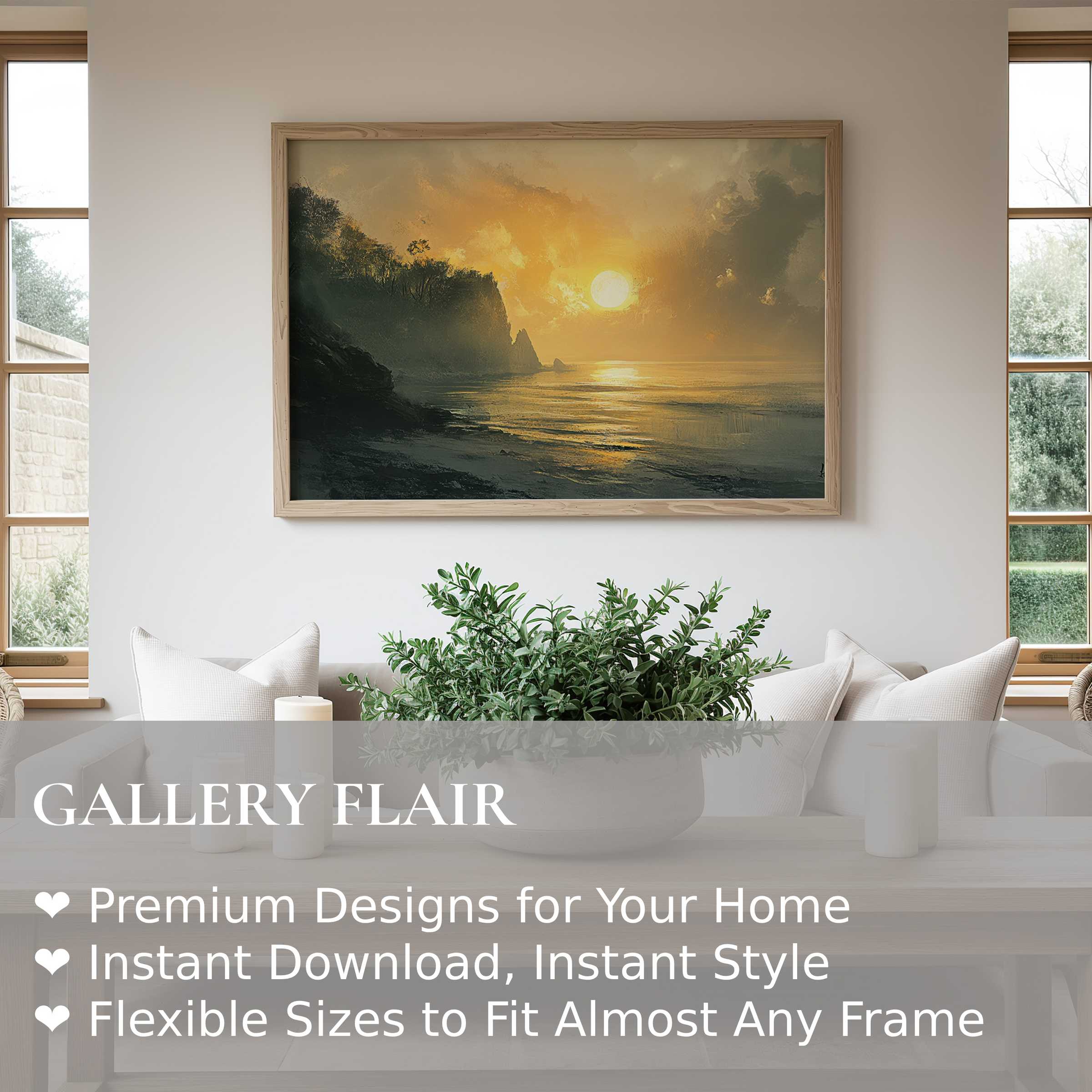 Coastal wall art print capturing a radiant sunset over rugged cliffs, creating a serene, modern coastal ambiance