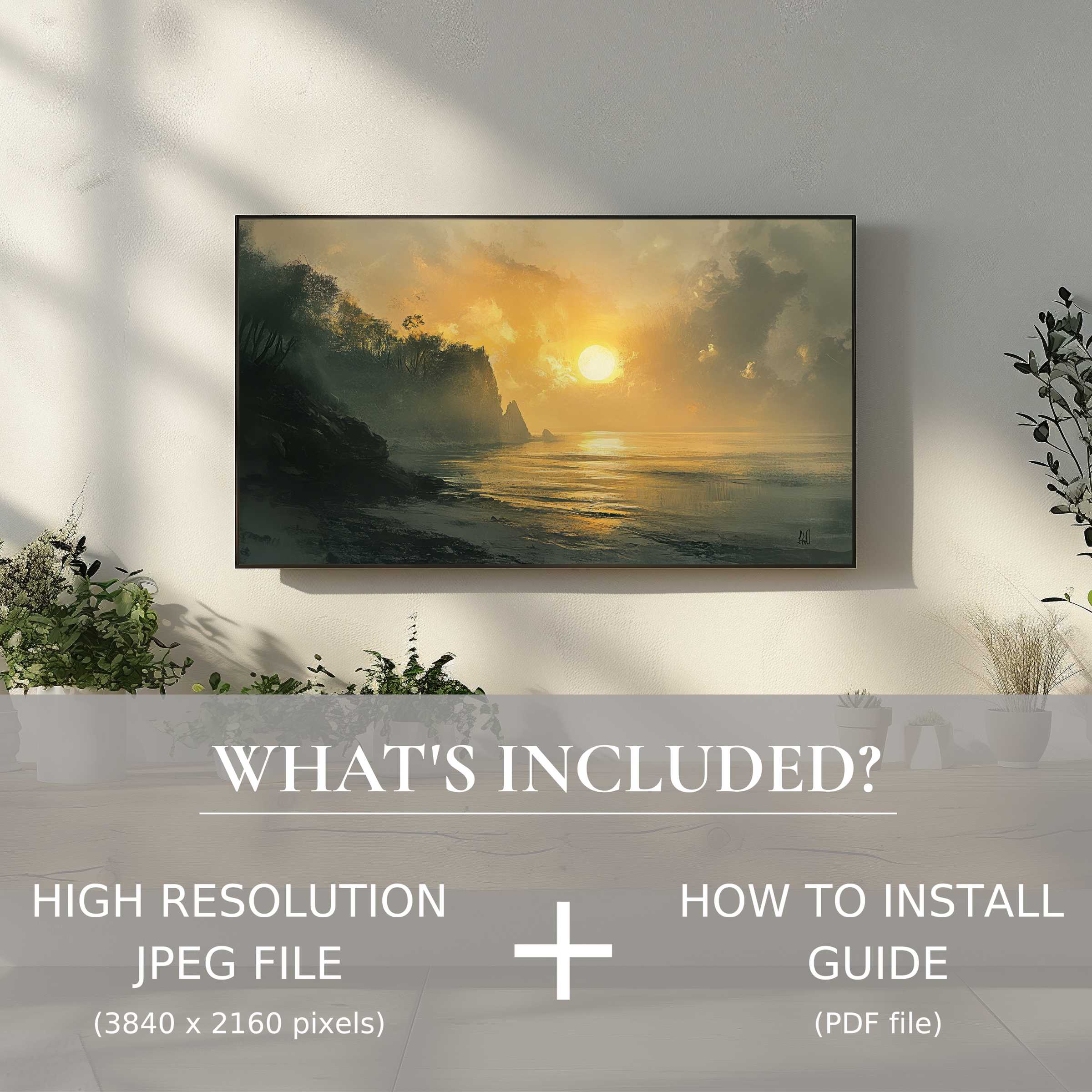 Elegant coastal digital TV art download enhancing living spaces with easy digital use and serene sunset ambiance