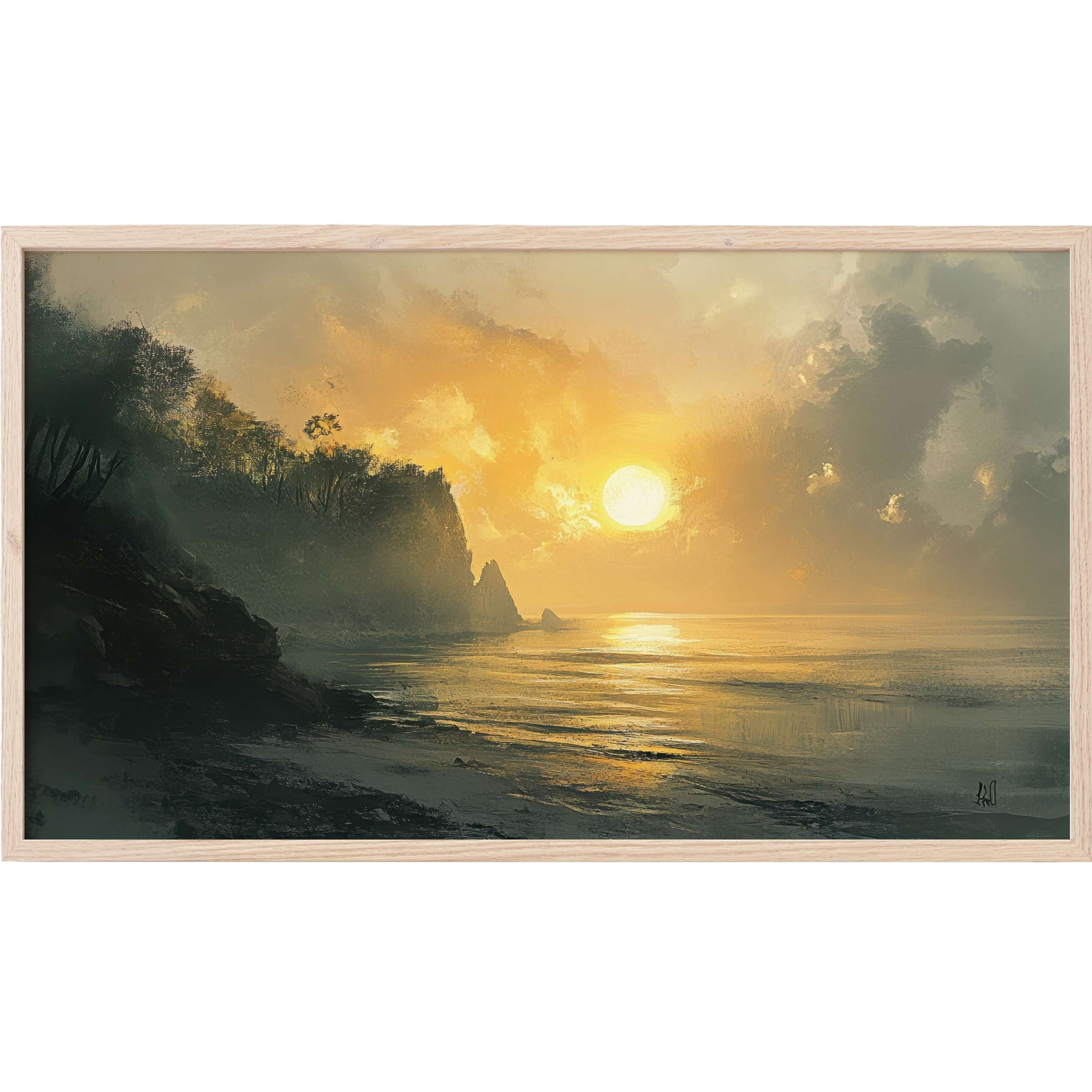 Coastal Frame TV Art featuring a serene golden sunset over misty cliffs with soft, muted coastal tones