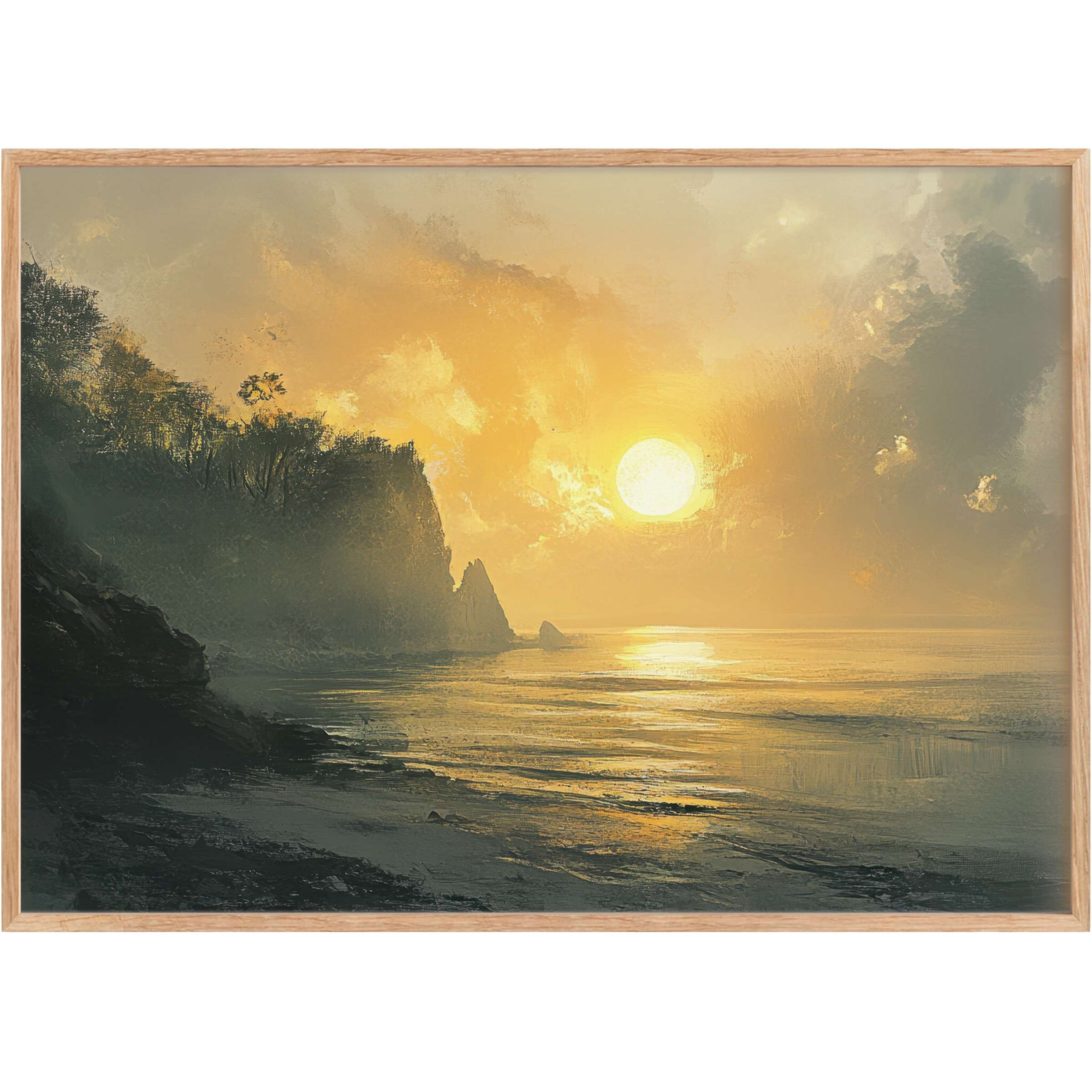 Coastal printable wall art capturing a serene sunset with golden hues and deep shadows, perfect for elevating tranquil, stylish interiors