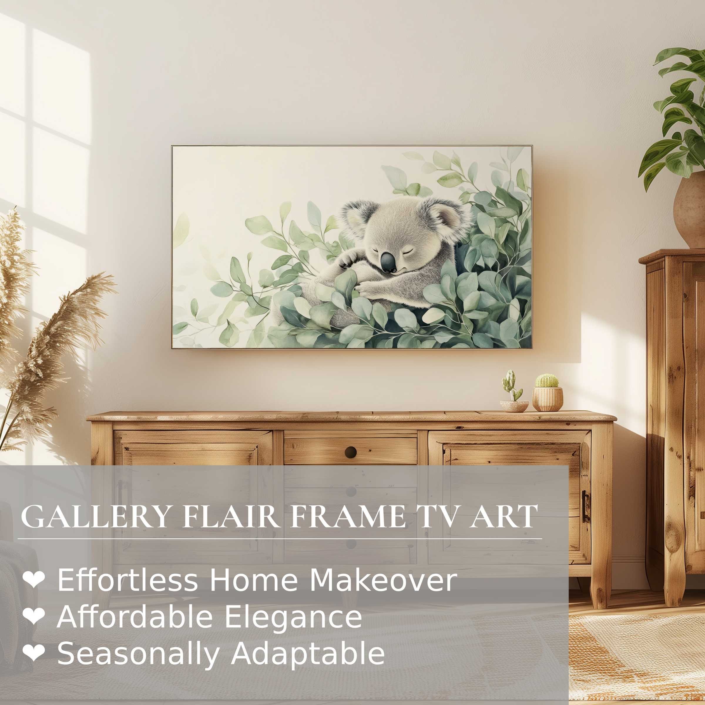 Samsung Frame TV displaying nursery digital artwork of a serene koala in soft, muted green tones