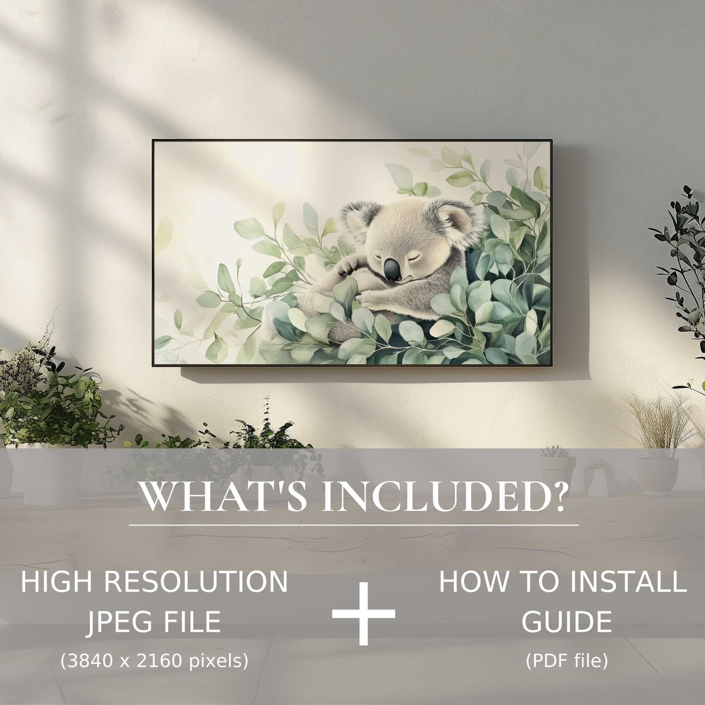 Elegant nursery digital TV art download featuring serene koala, enhancing spaces with effortless digital style and charm
