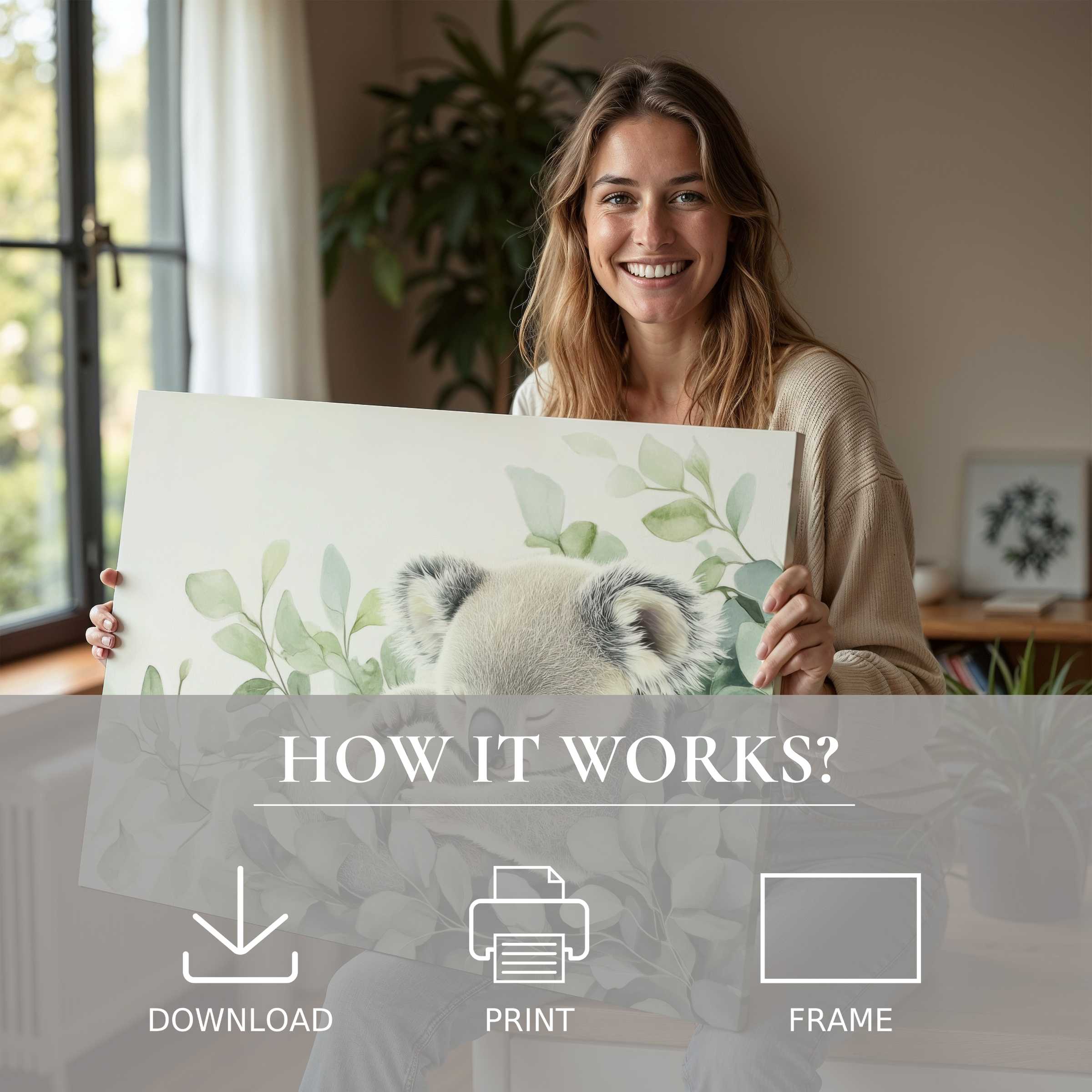 Joyful moment embracing nursery digital art print, blending soft greenery and gentle textures in a serene, stylish home