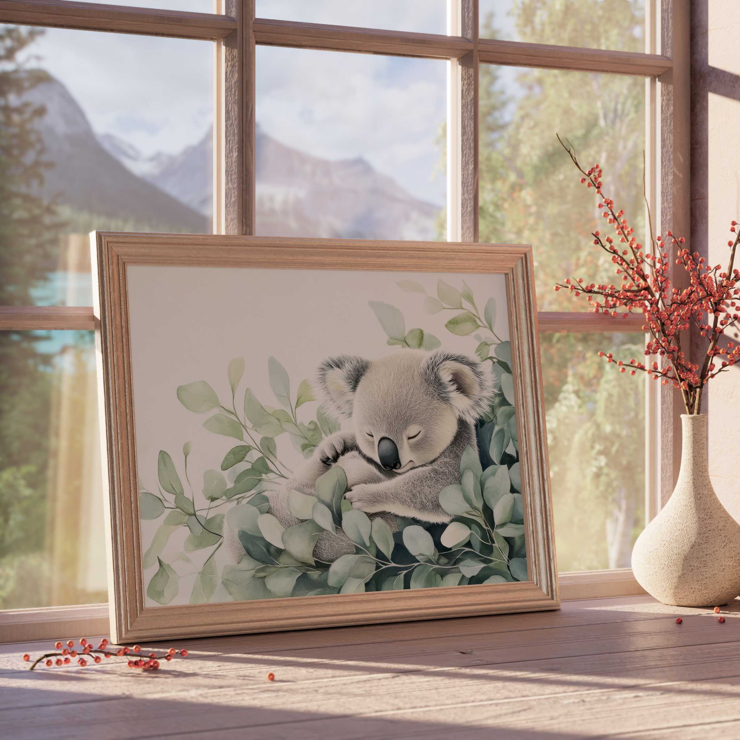 Nursery downloadable art featuring a serene sleeping koala embraced by soft eucalyptus leaves, elevating tranquil, design-forward spaces