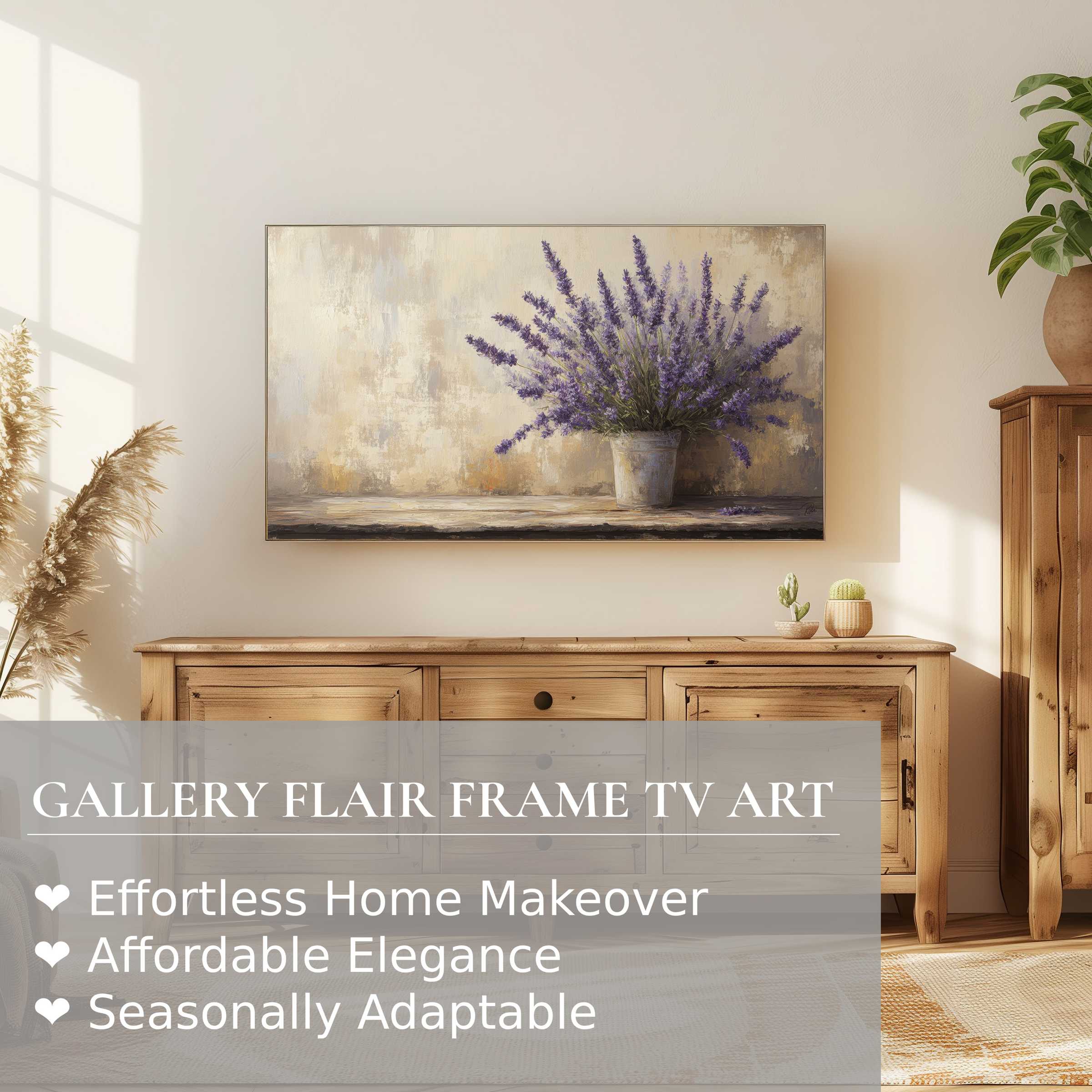 Samsung Frame TV displaying refined farmhouse digital artwork of lavender bouquet in warm, natural wood setting