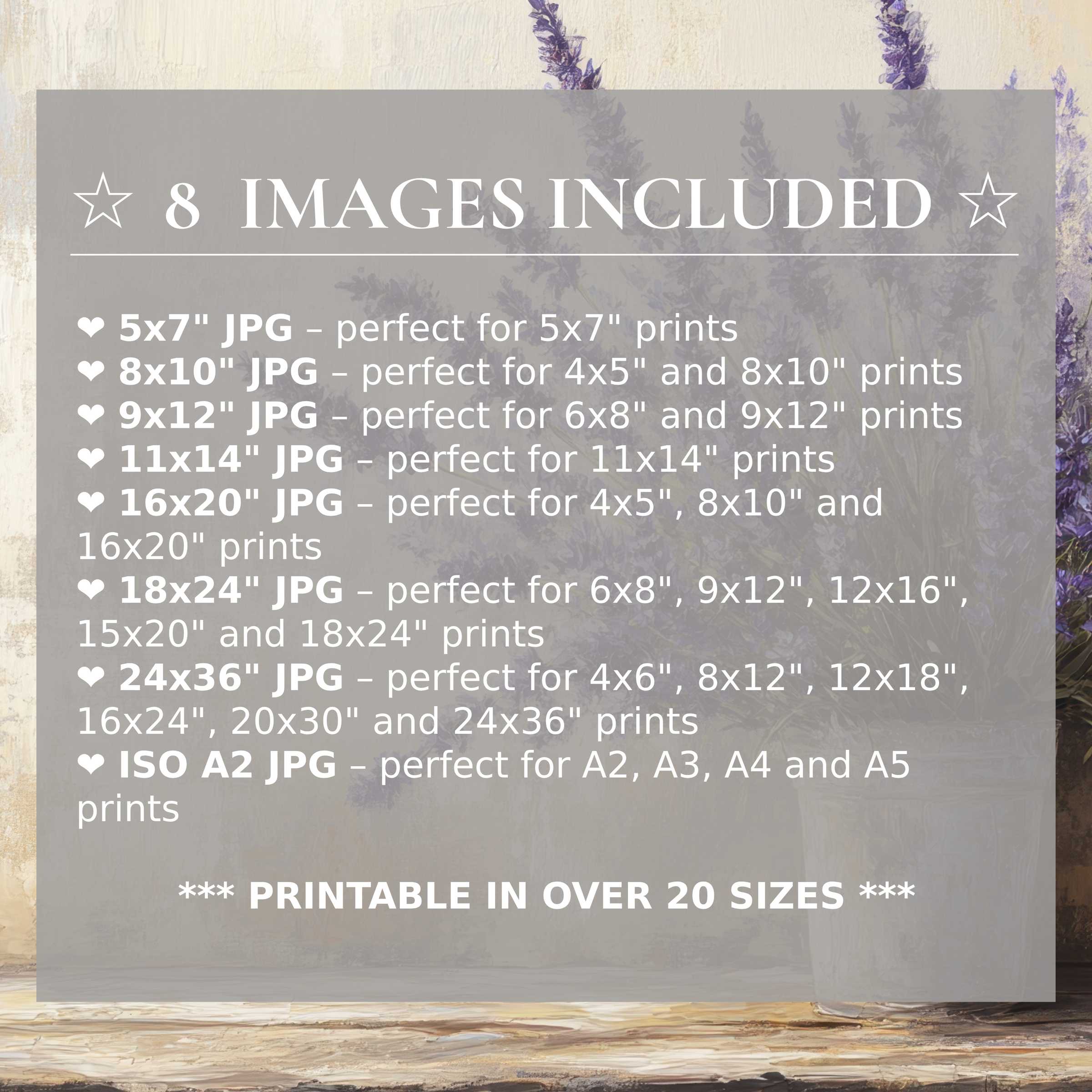 Farmhouse digital print exuding calming lavender hues and rustic beige tones, elevating modern interiors with 8 high-quality sizes included