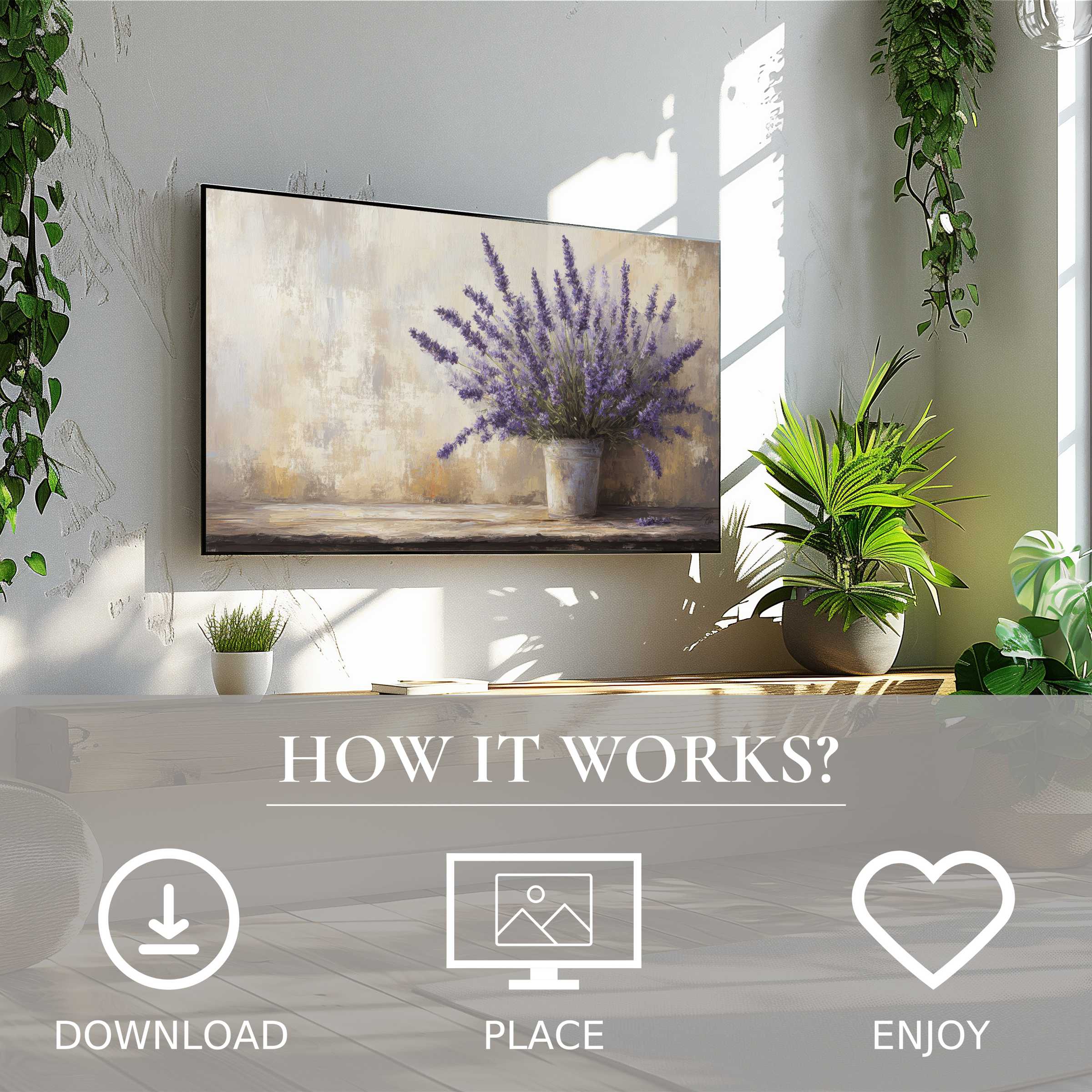 Farmhouse art for Samsung TV shows soft lavender blooms in muted tones, easy digital download enriches any modern space