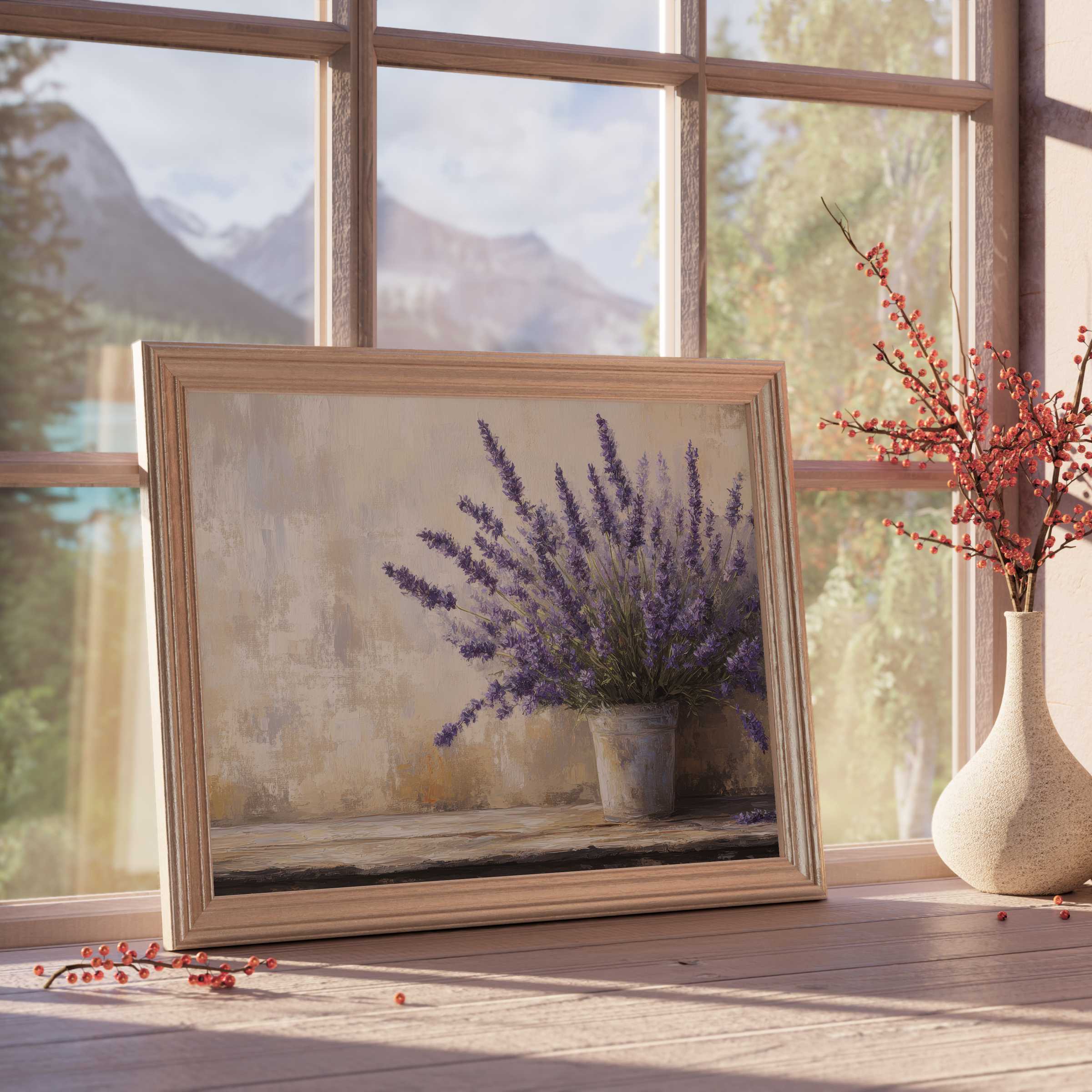 Elegant farmhouse downloadable art featuring a lavender bouquet in rustic charm, perfect for serene, curated interiors