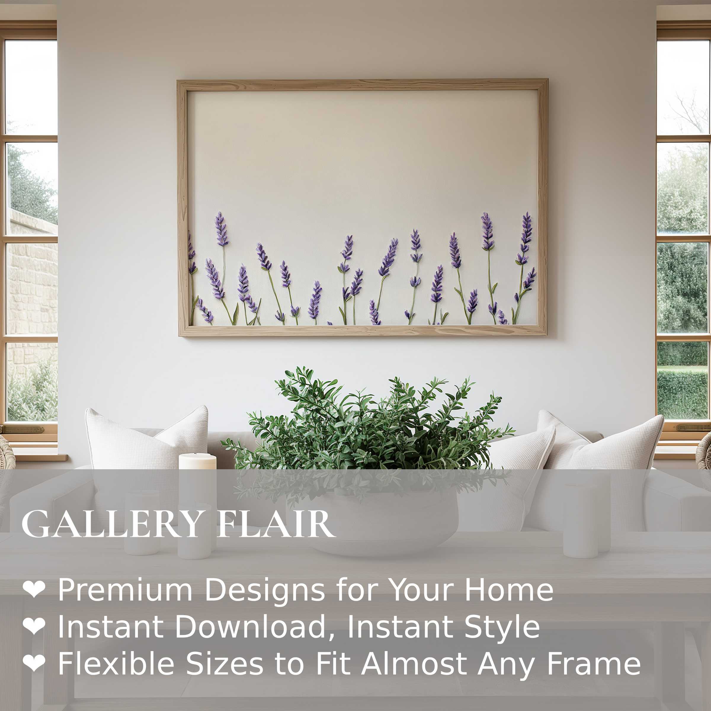 Elegant floral wall art print featuring delicate lavender stems, enhancing serene, modern minimalist interiors with calming botanical charm