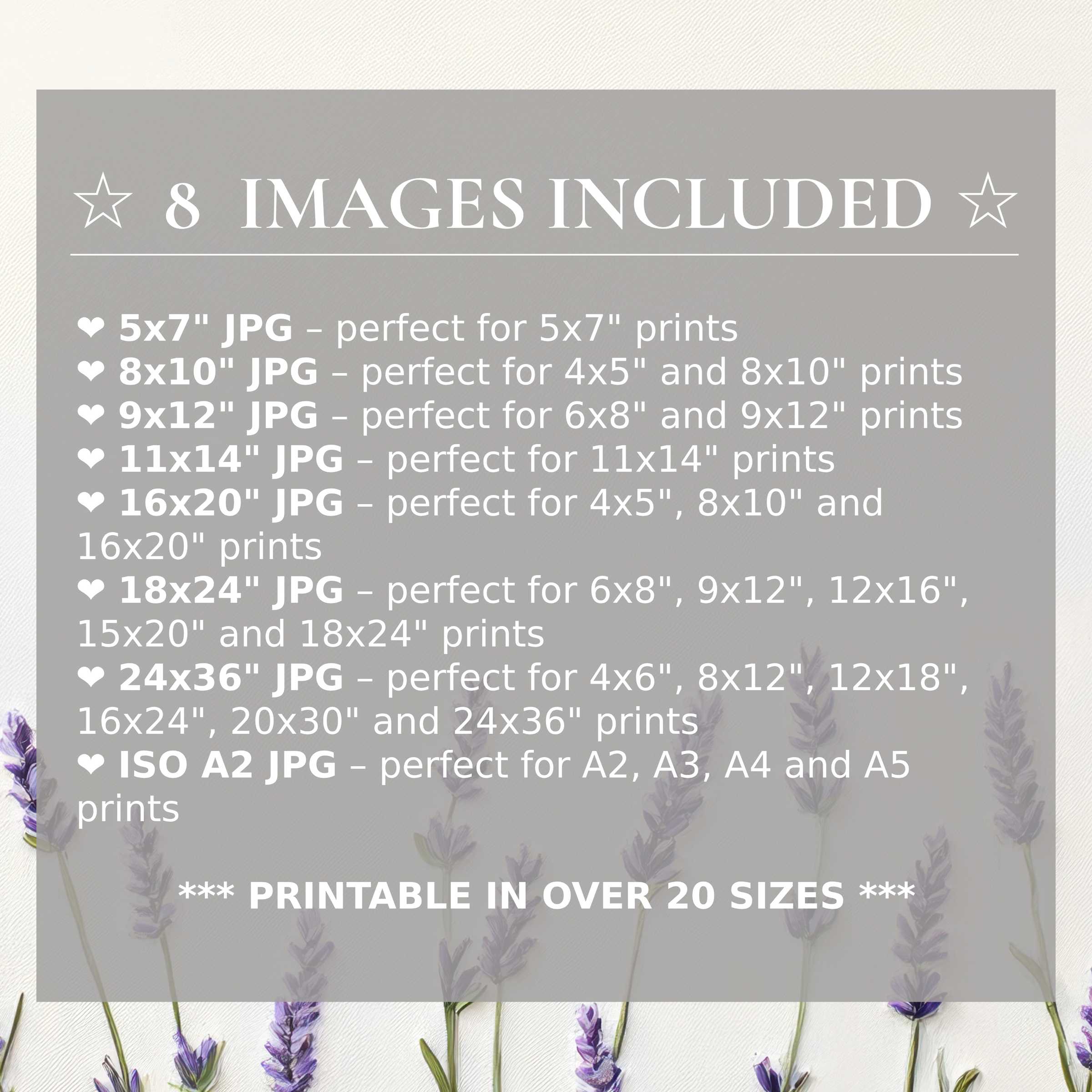 Floral digital print in soft lavender hues radiates calming elegance, included in 8 high-quality sizes for versatile modern interiors