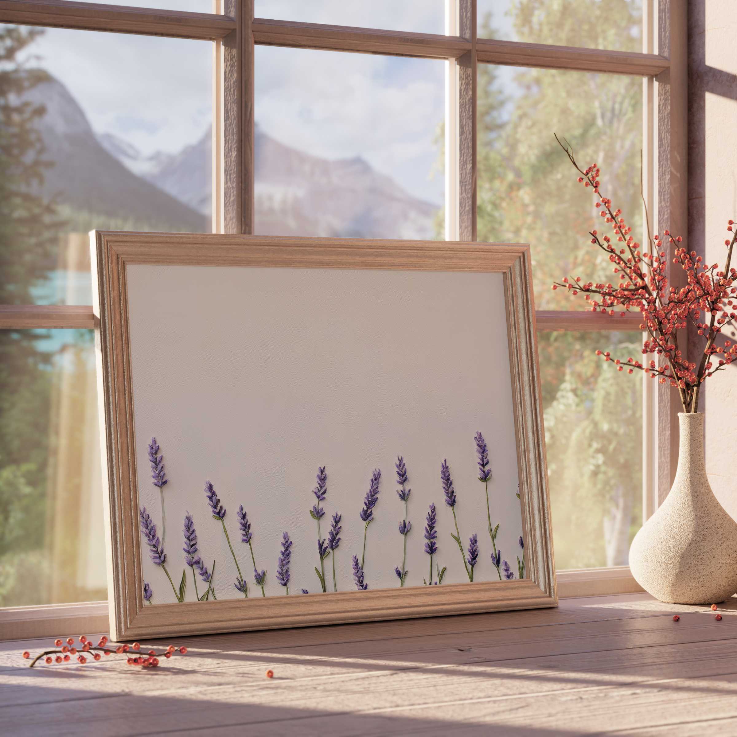 Delicate floral downloadable art featuring lavender sprigs in a natural wood frame, evoking calm, curated elegance for refined interiors