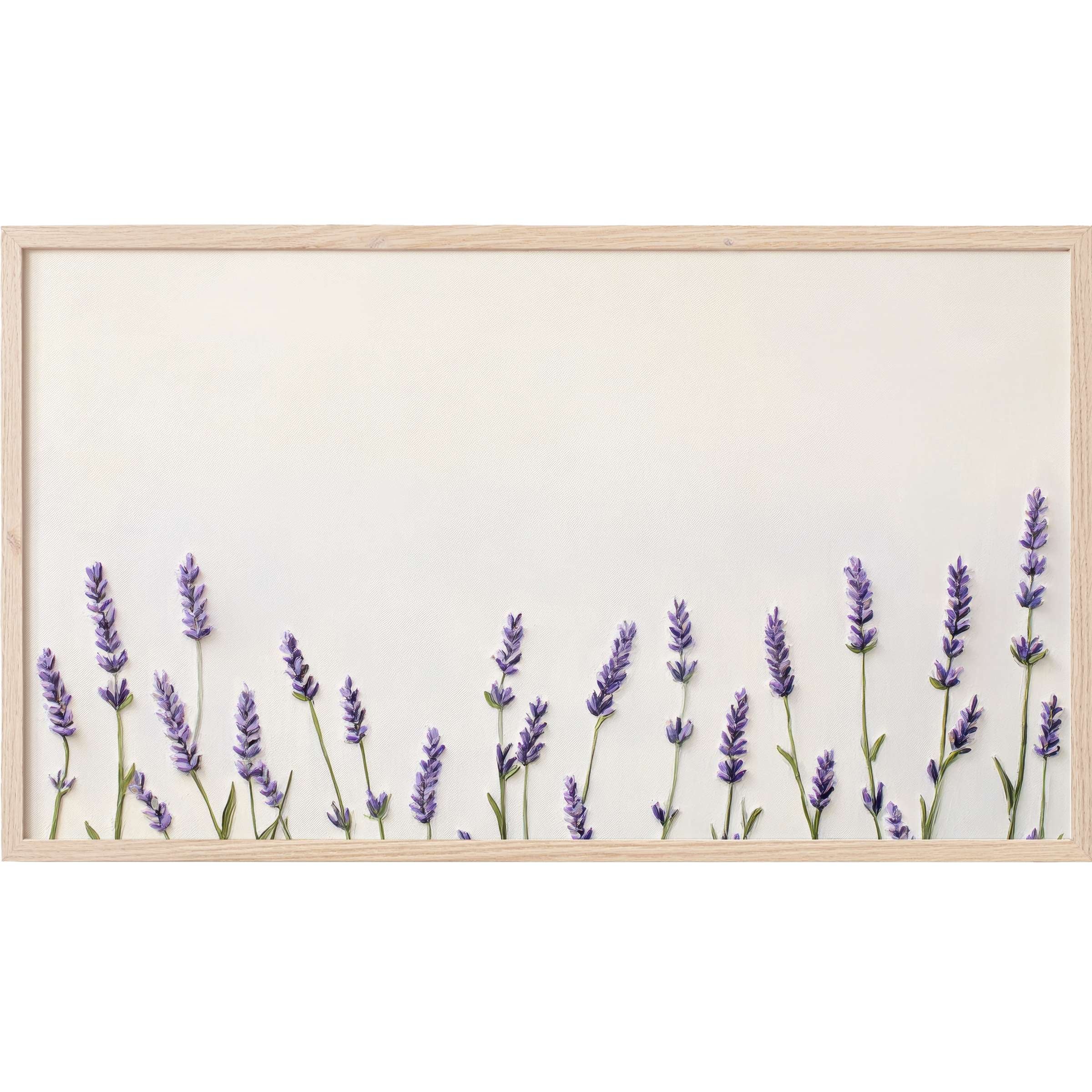 Floral Frame TV Art with delicate lavender sprigs in soft purples on a creamy, minimalist background