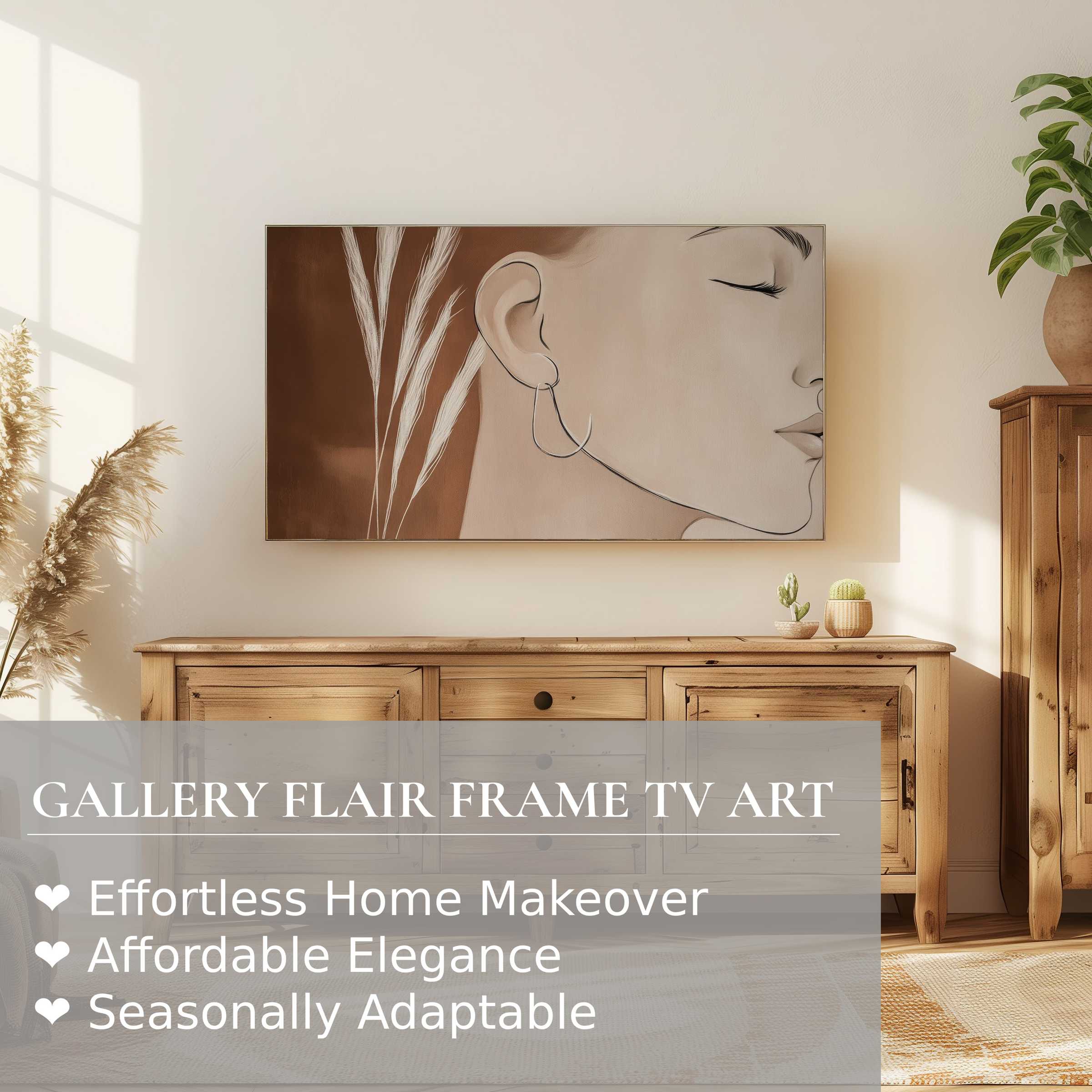 Samsung Frame TV displaying minimalist digital artwork of serene female profile in warm, earthy tones, perfect for elegant decor