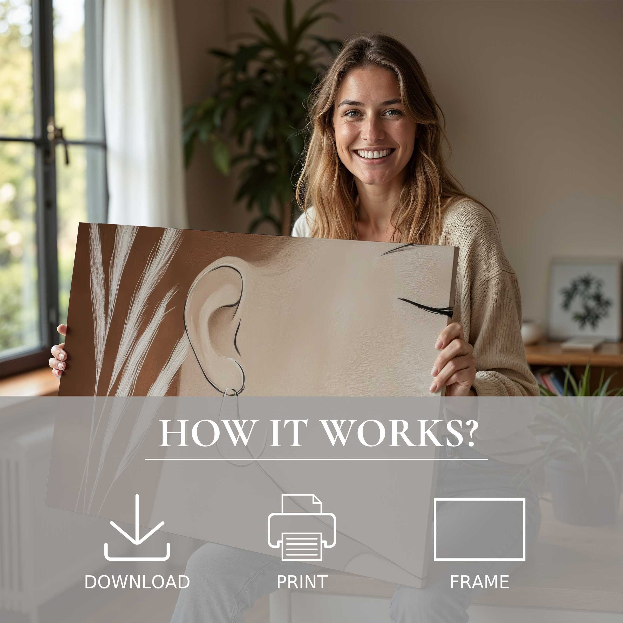 Radiant woman in a serene modern home embraces a minimalist digital art print, celebrating art's joyful, effortless elegance