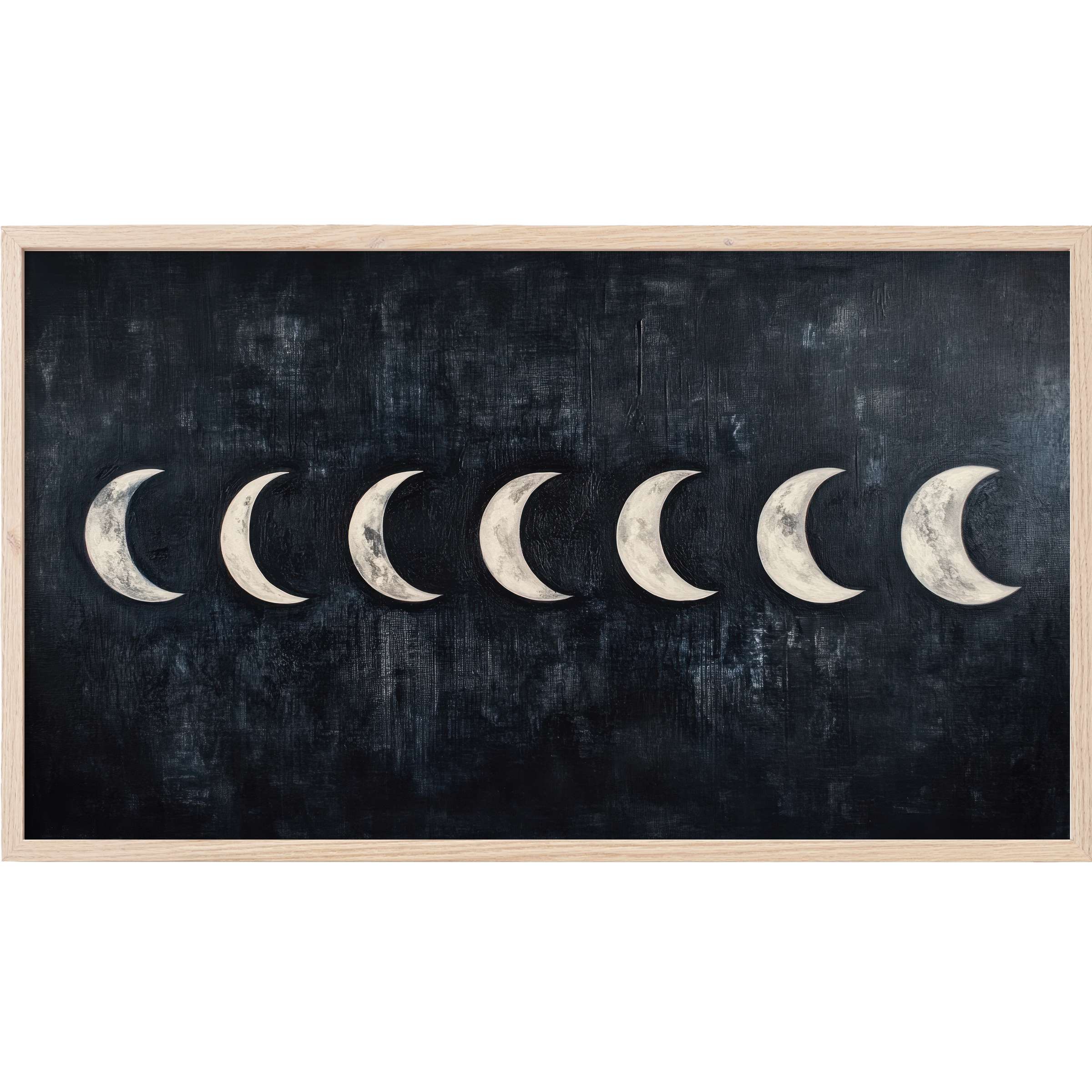 Elegant modern Frame TV Art featuring a series of textured crescent moons on a deep, shadowy black background