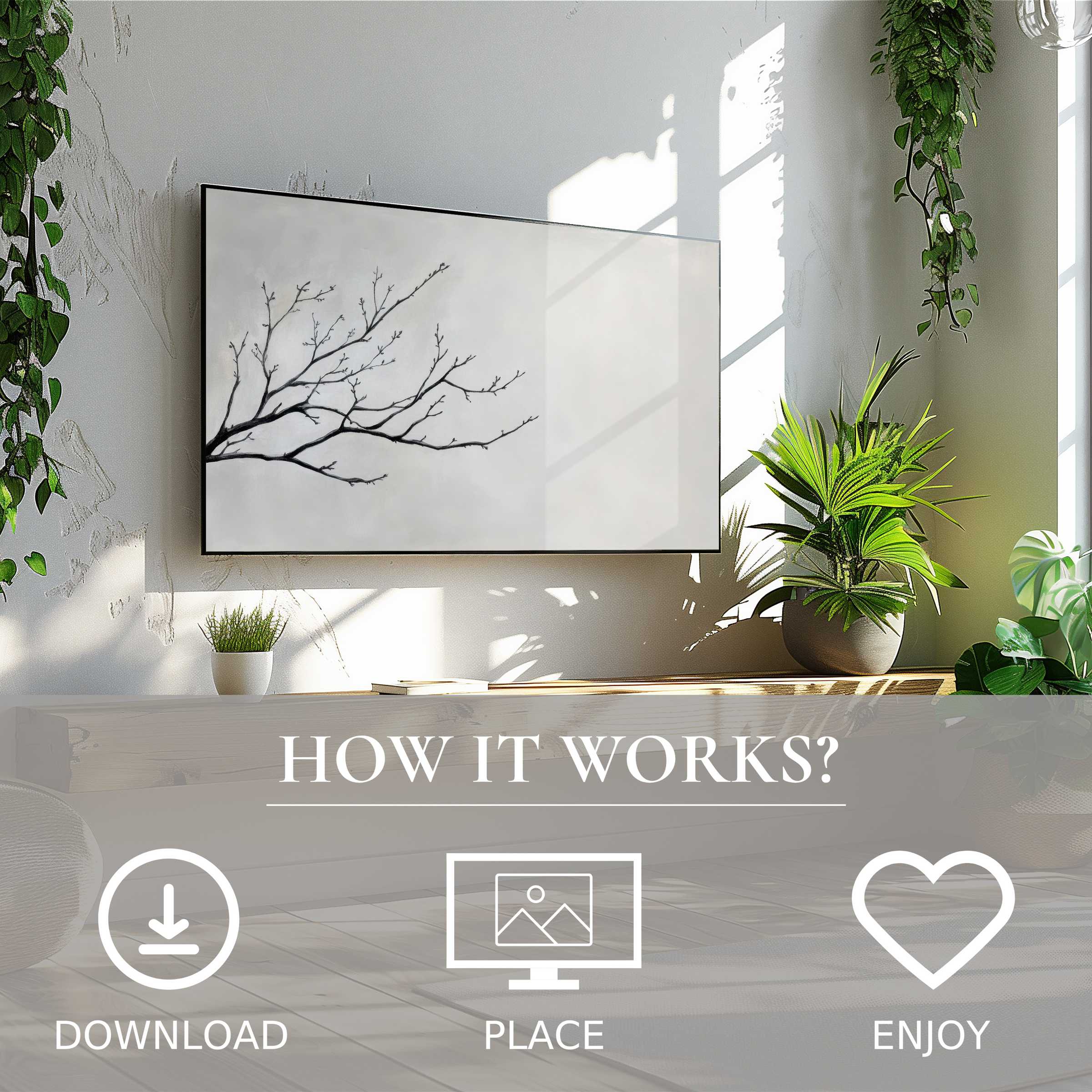 Neutral art for Samsung TV showing delicate branch motif in grayscale; easy digital download enriches modern living spaces