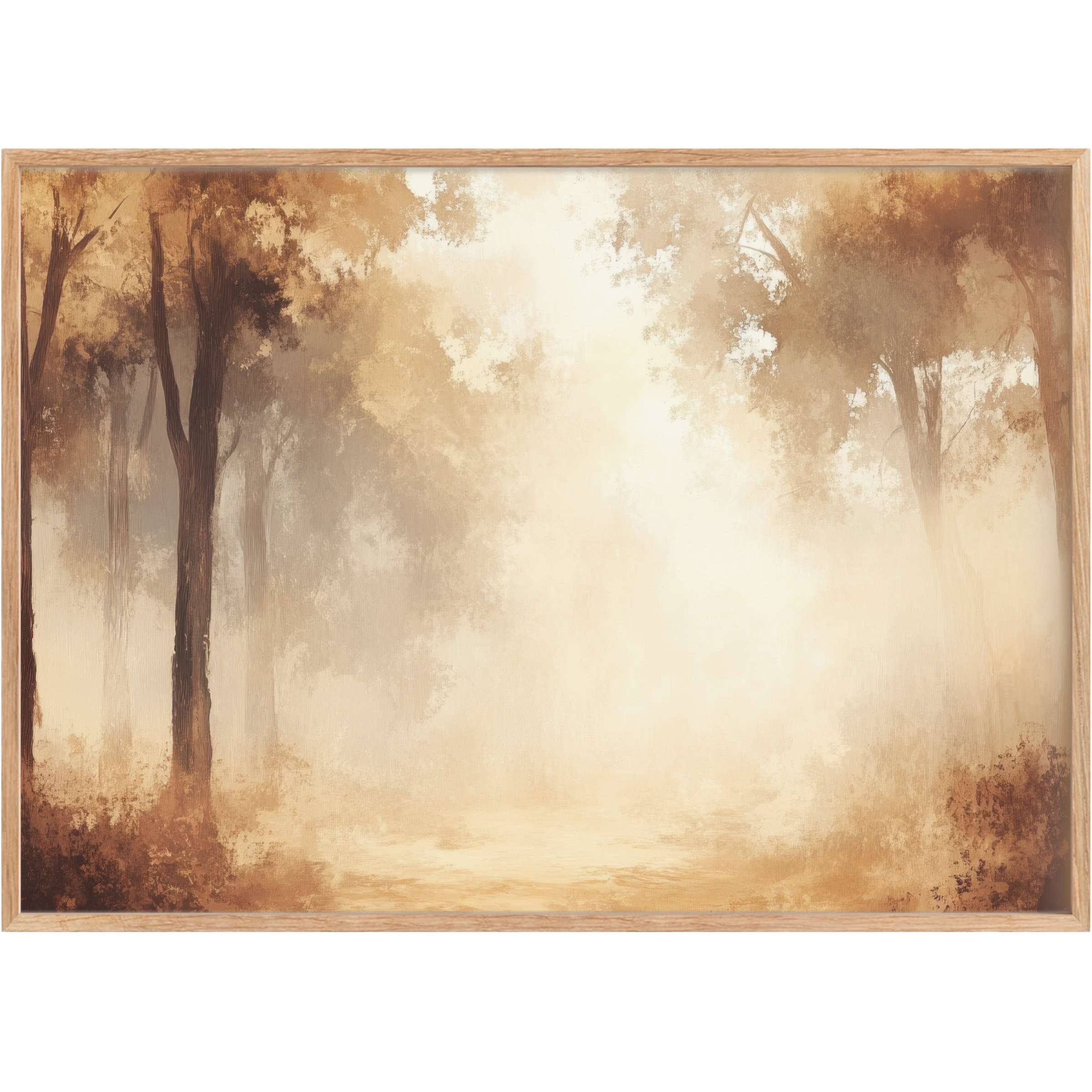 Ethereal vintage printable wall art in warm sepia tones, evoking a calming, timeless forest glow for refined interiors
