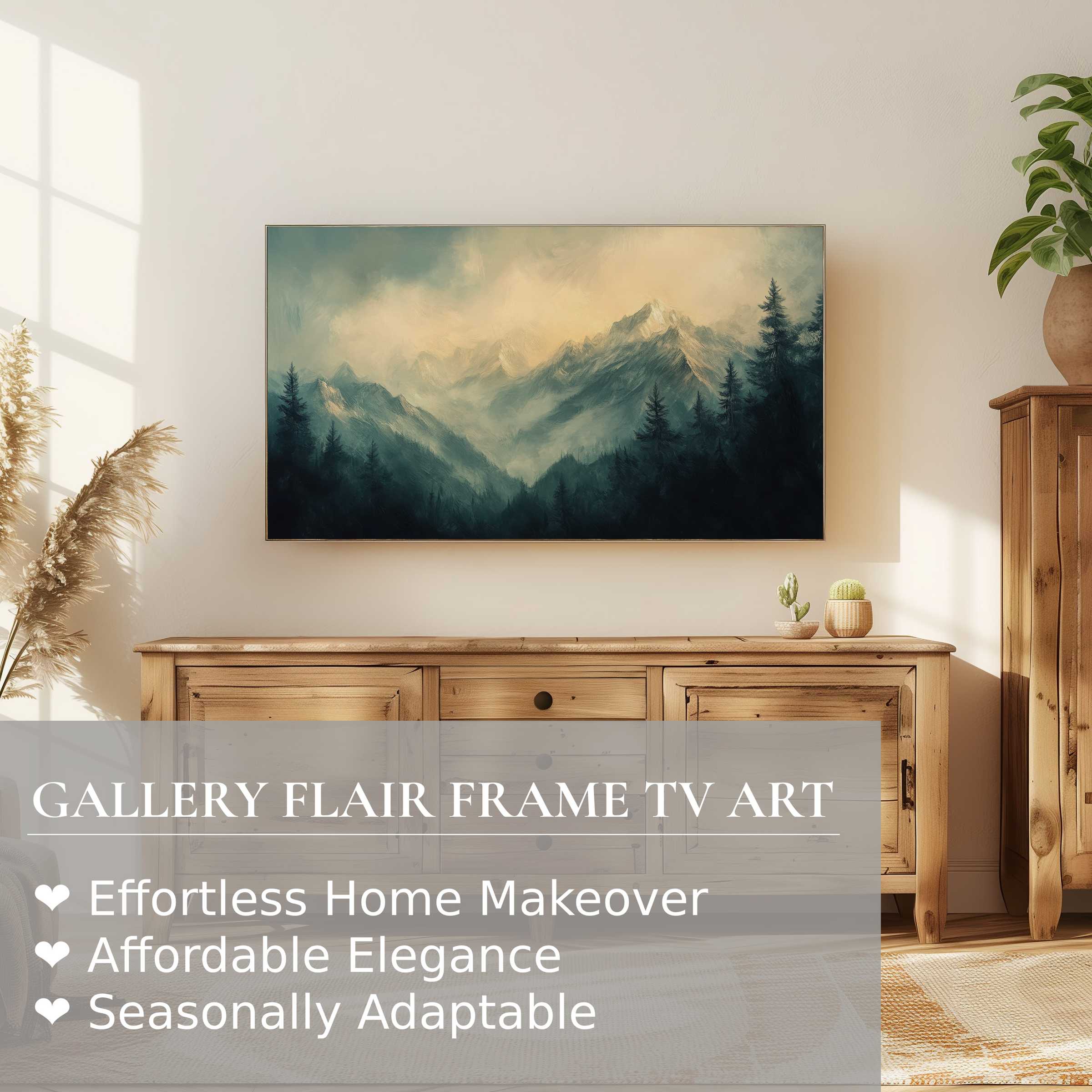 Samsung Frame TV displaying moody landscape digital artwork in serene, modern living space with natural wood tones