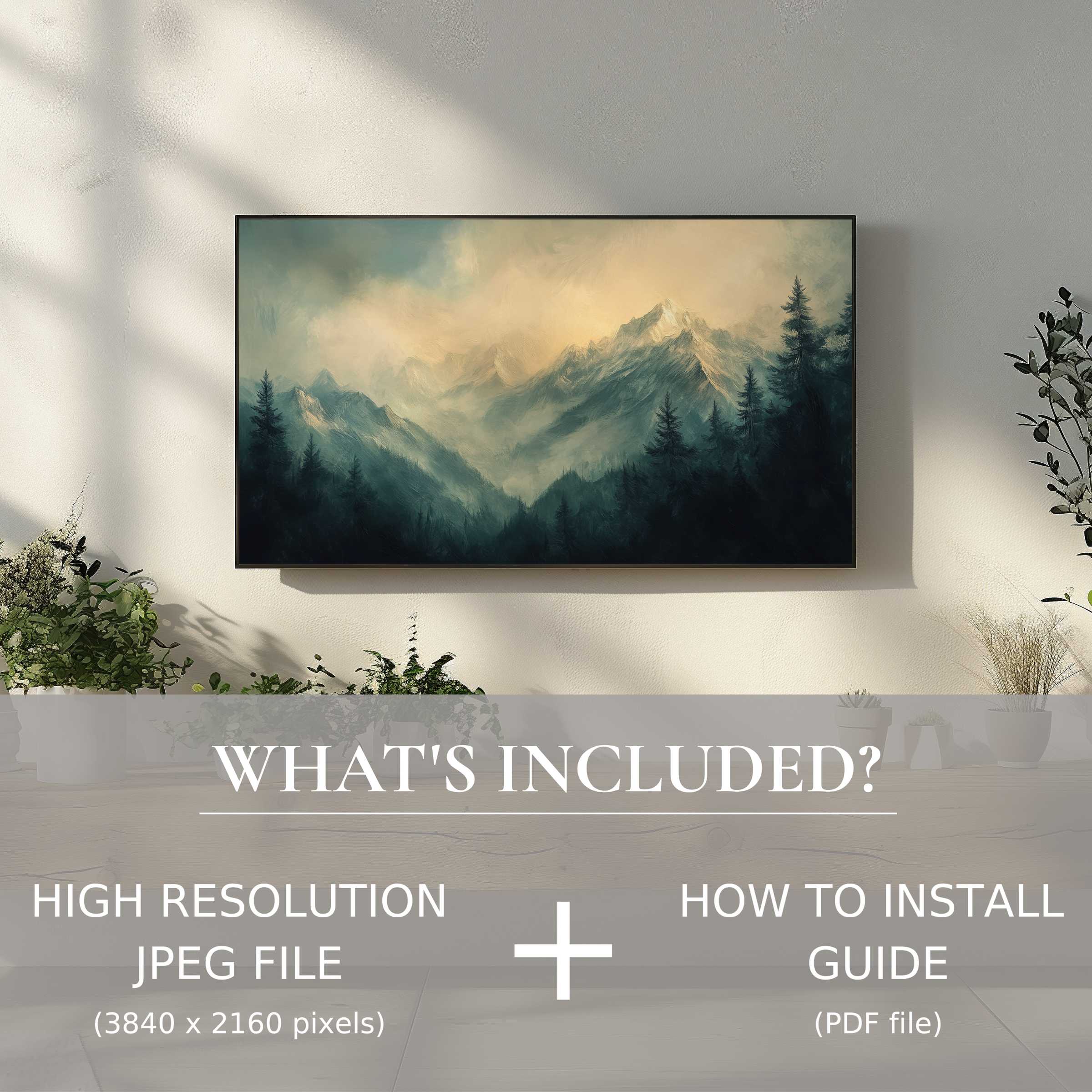 Elegant landscape digital TV art download, easy to use digitally, enhancing your modern living space with serene mountain views