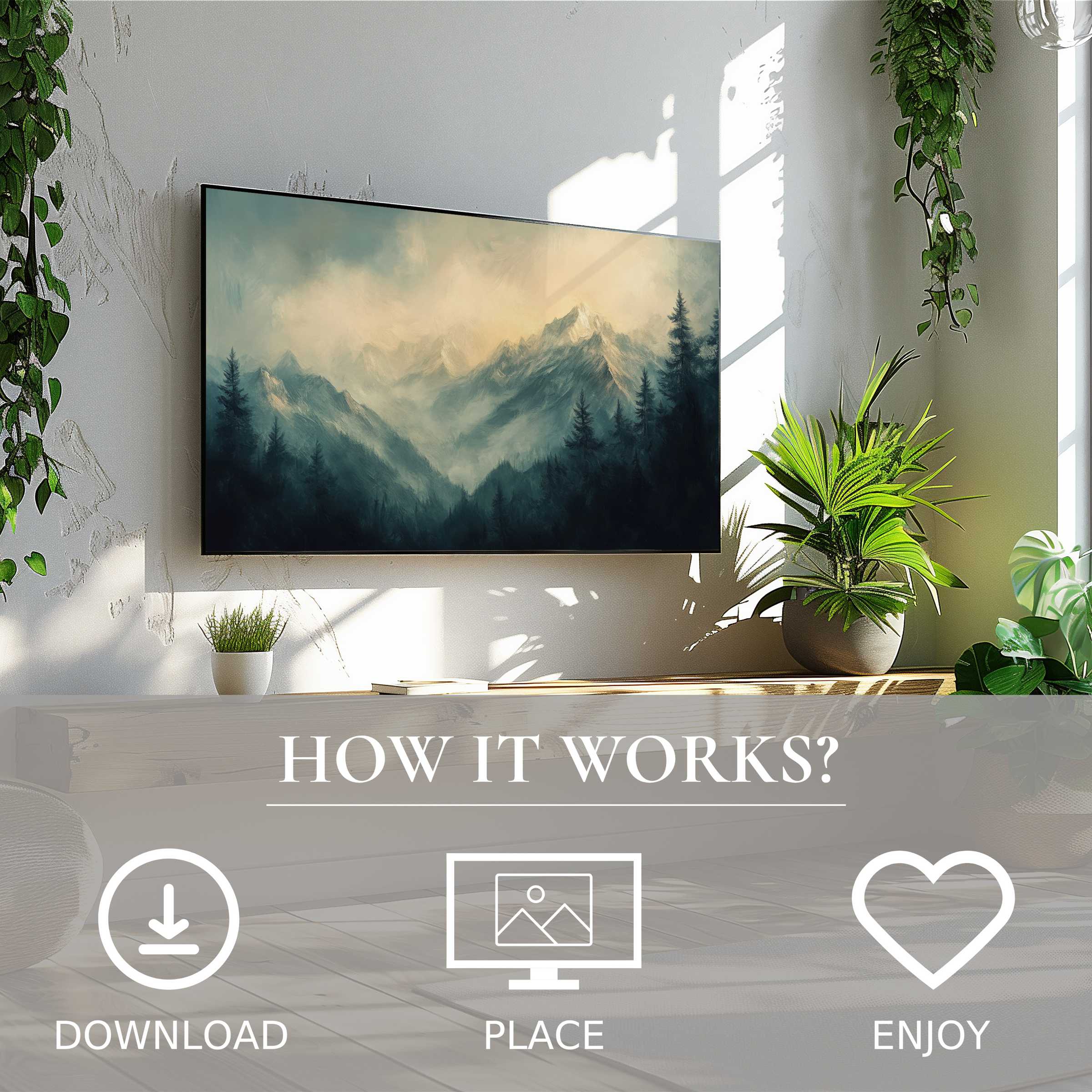Modern living room with landscape art for Samsung TV; misty mountain tones enrich space via easy digital download
