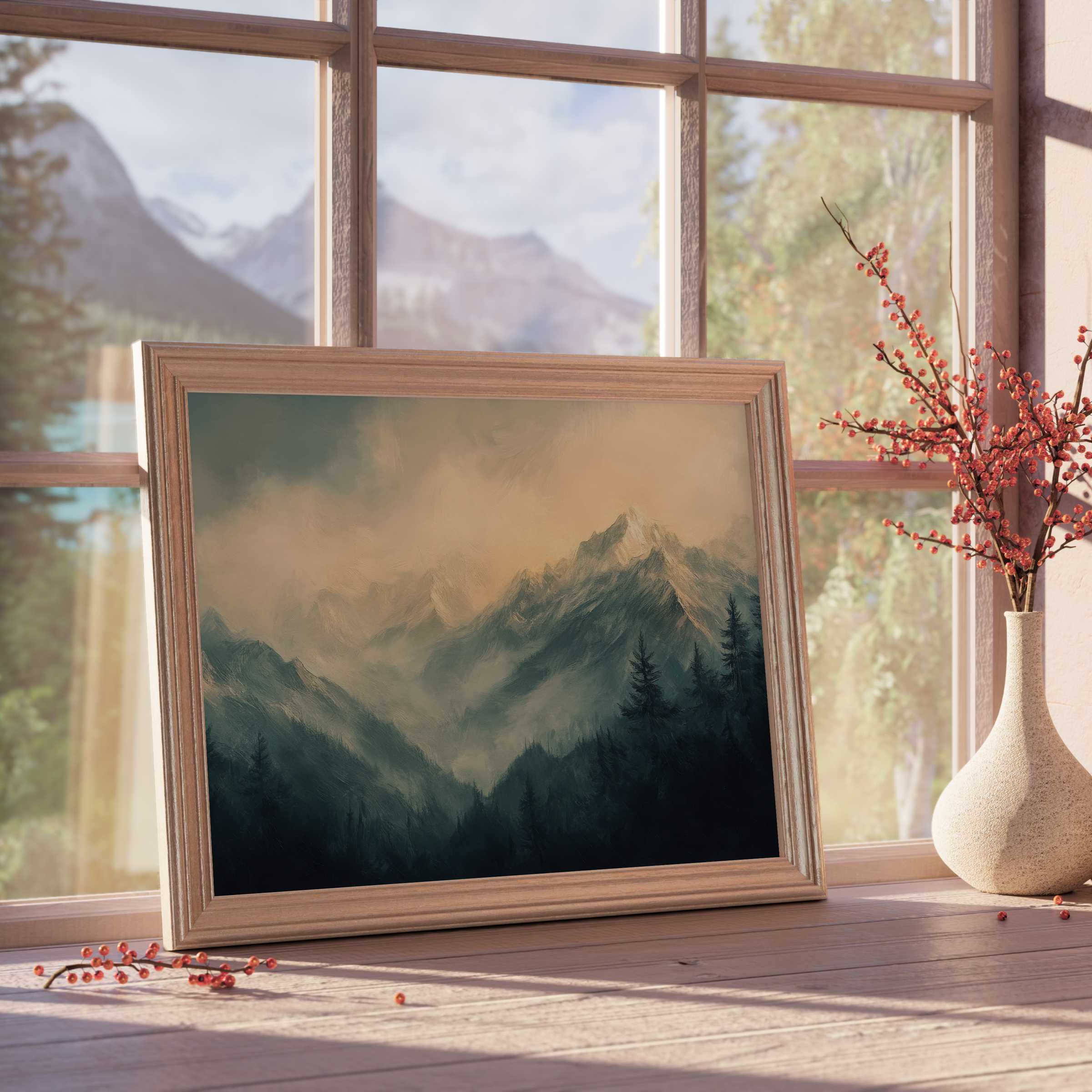Moody landscape downloadable art capturing misty mountain peaks and serene pine forests, perfect for curated, tranquil living spaces