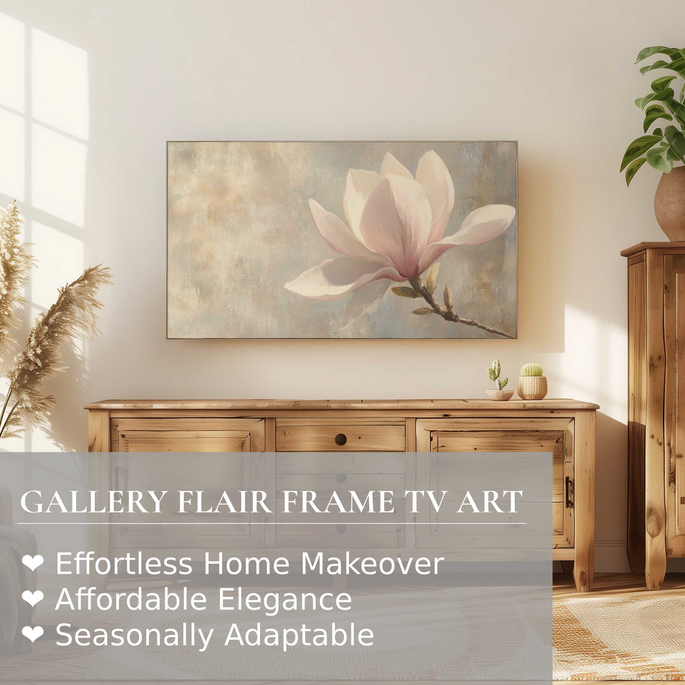Samsung Frame TV displays soft spring digital artwork of a magnolia in a warm, elegant, modern living space