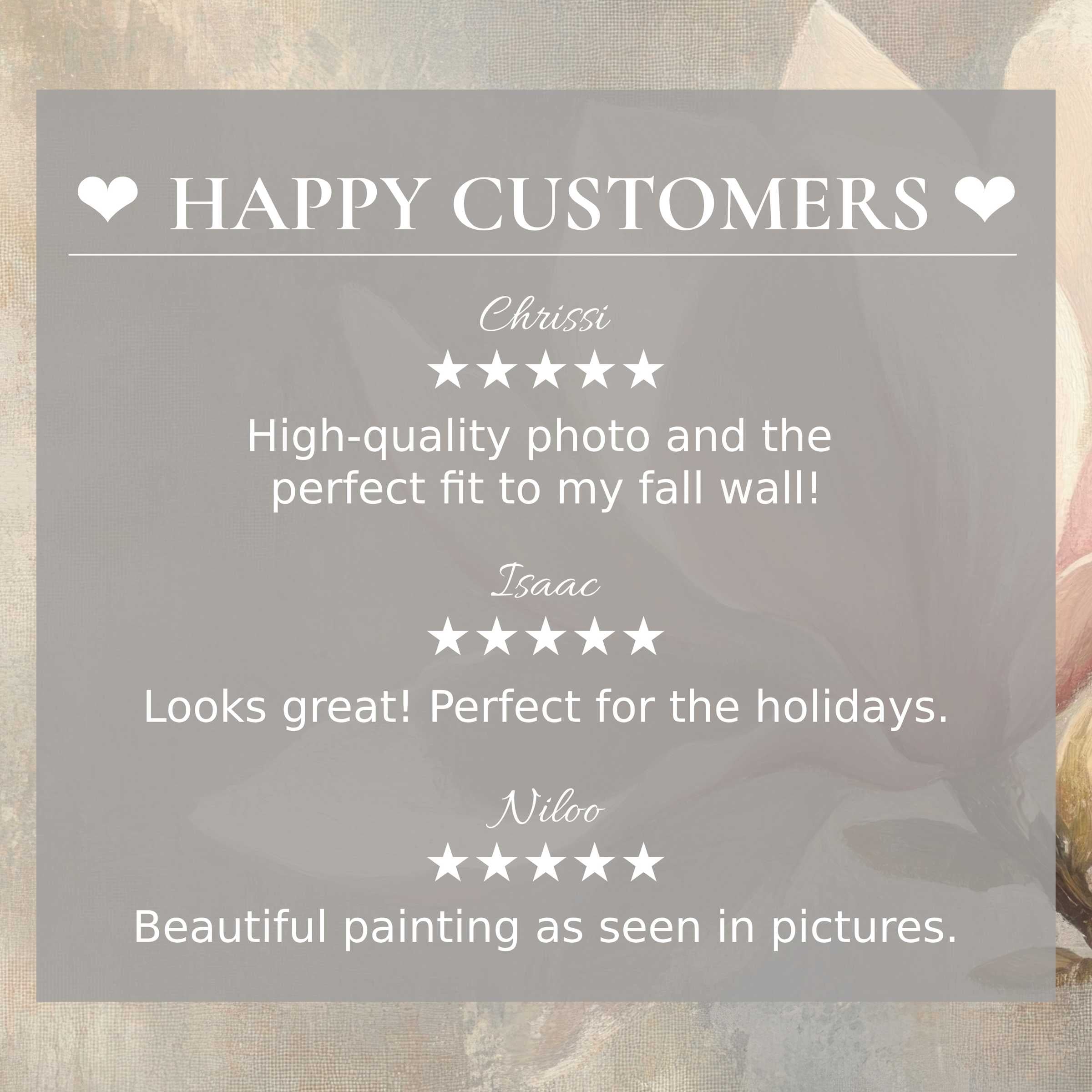 Sophisticated spring art for Frame TV with soft floral backdrop, showcasing happy customer reviews that inspire trust