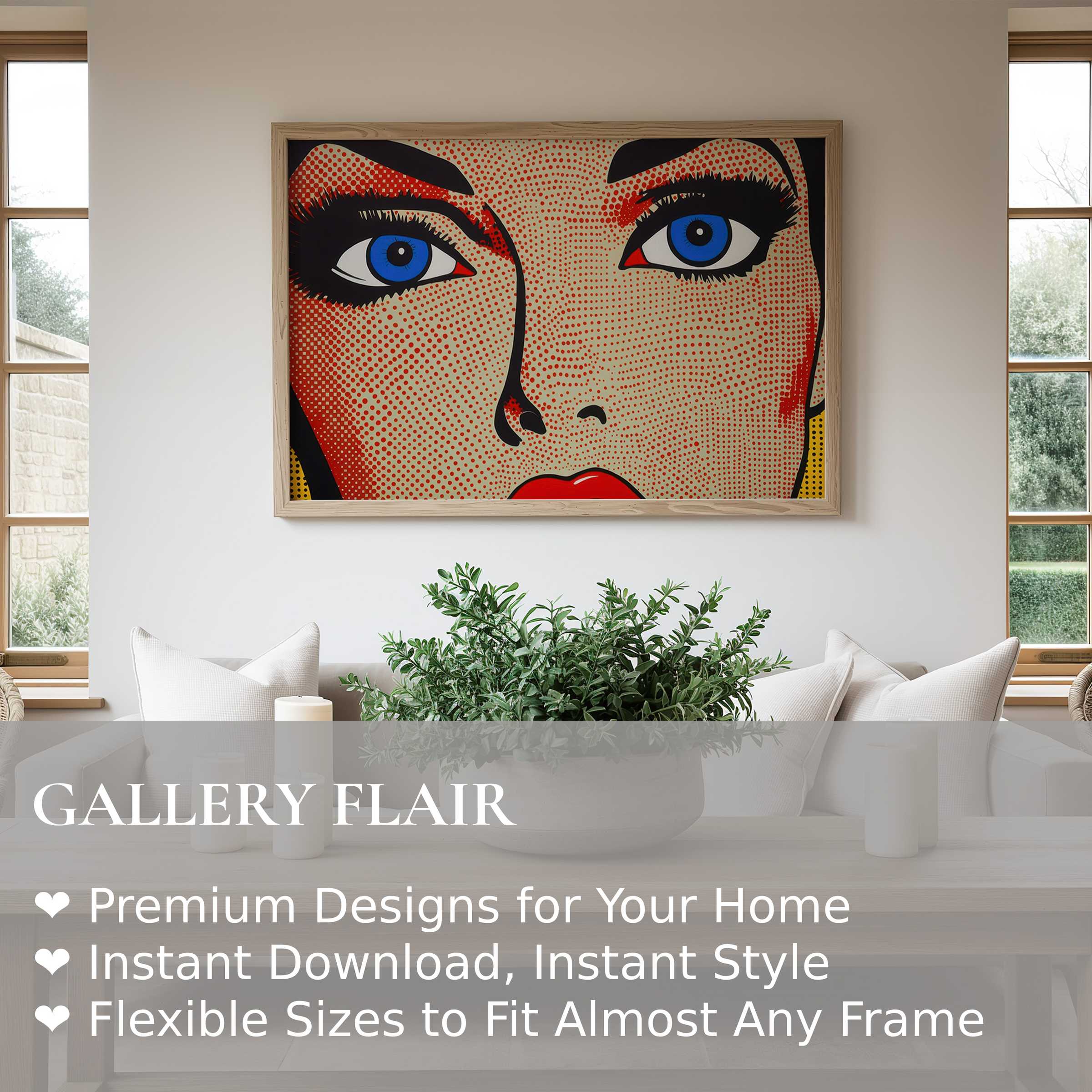 Pop art wall art print featuring striking blue eyes and bold red lips, radiating vibrant energy in a sleek, modern living room