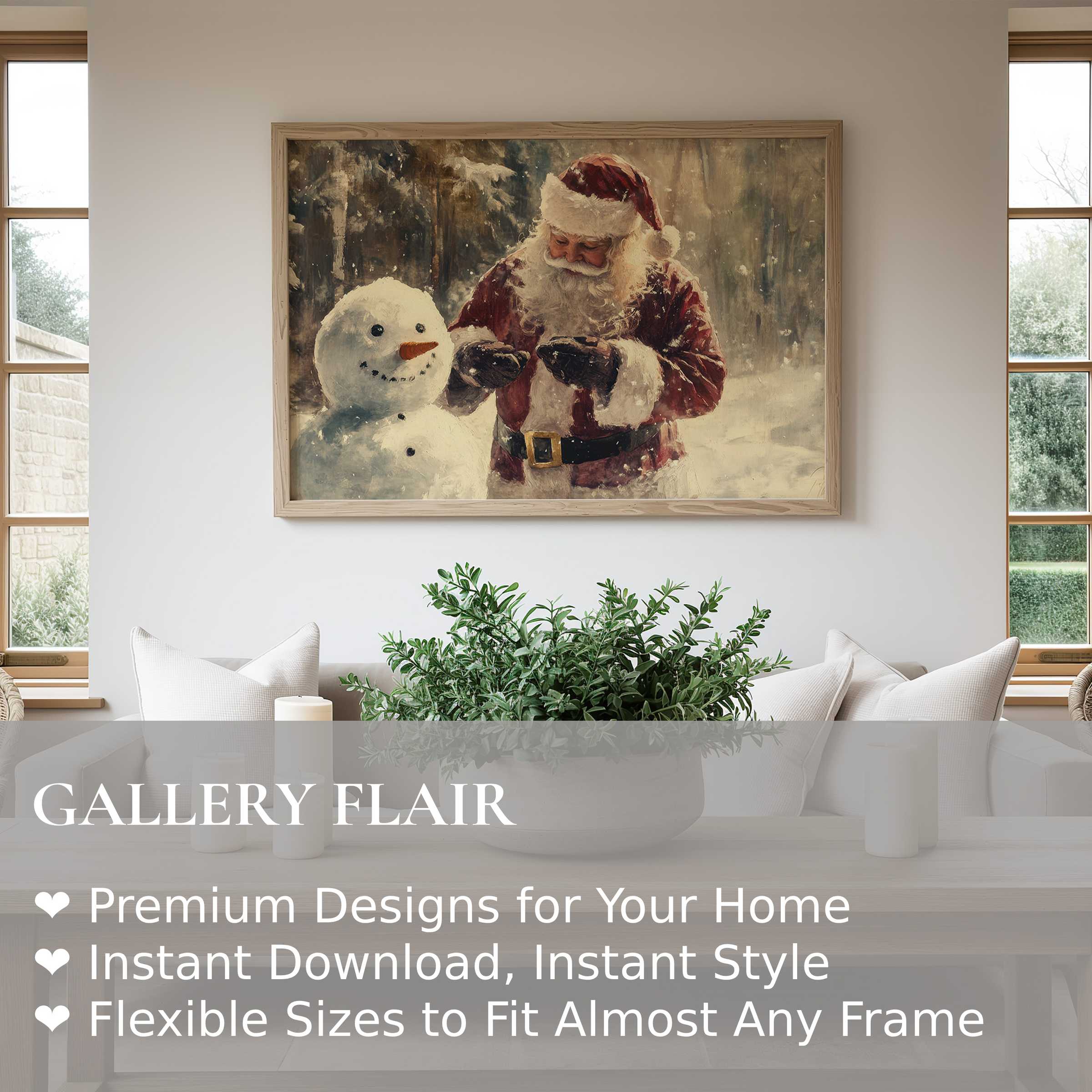 Christmas wall art print of a warm Santa and snowman scene, adding nostalgic charm and cozy elegance to a modern living room