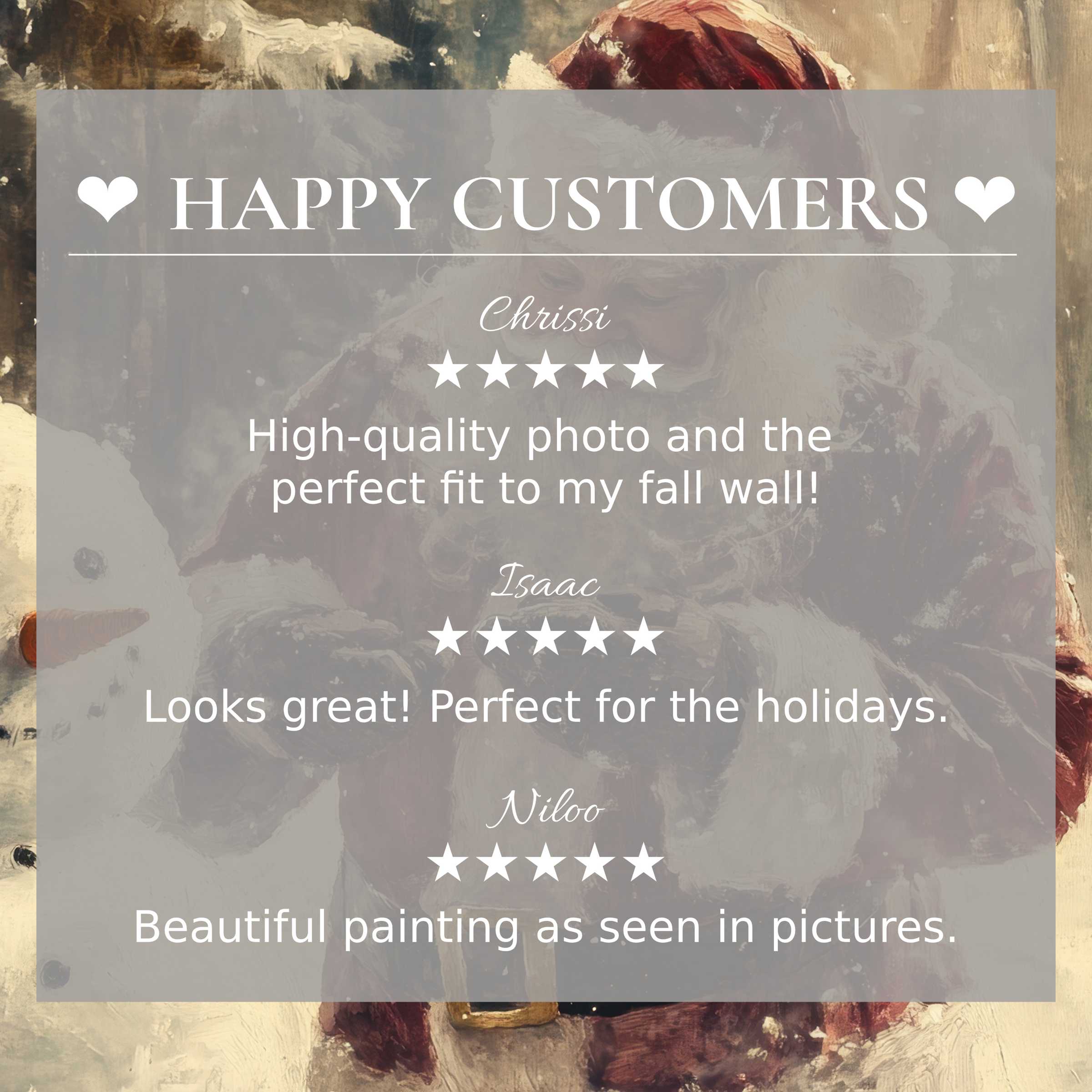 Elegant christmas art for Frame TV with vintage Santa backdrop; happy customer reviews reinforce trust and style appeal