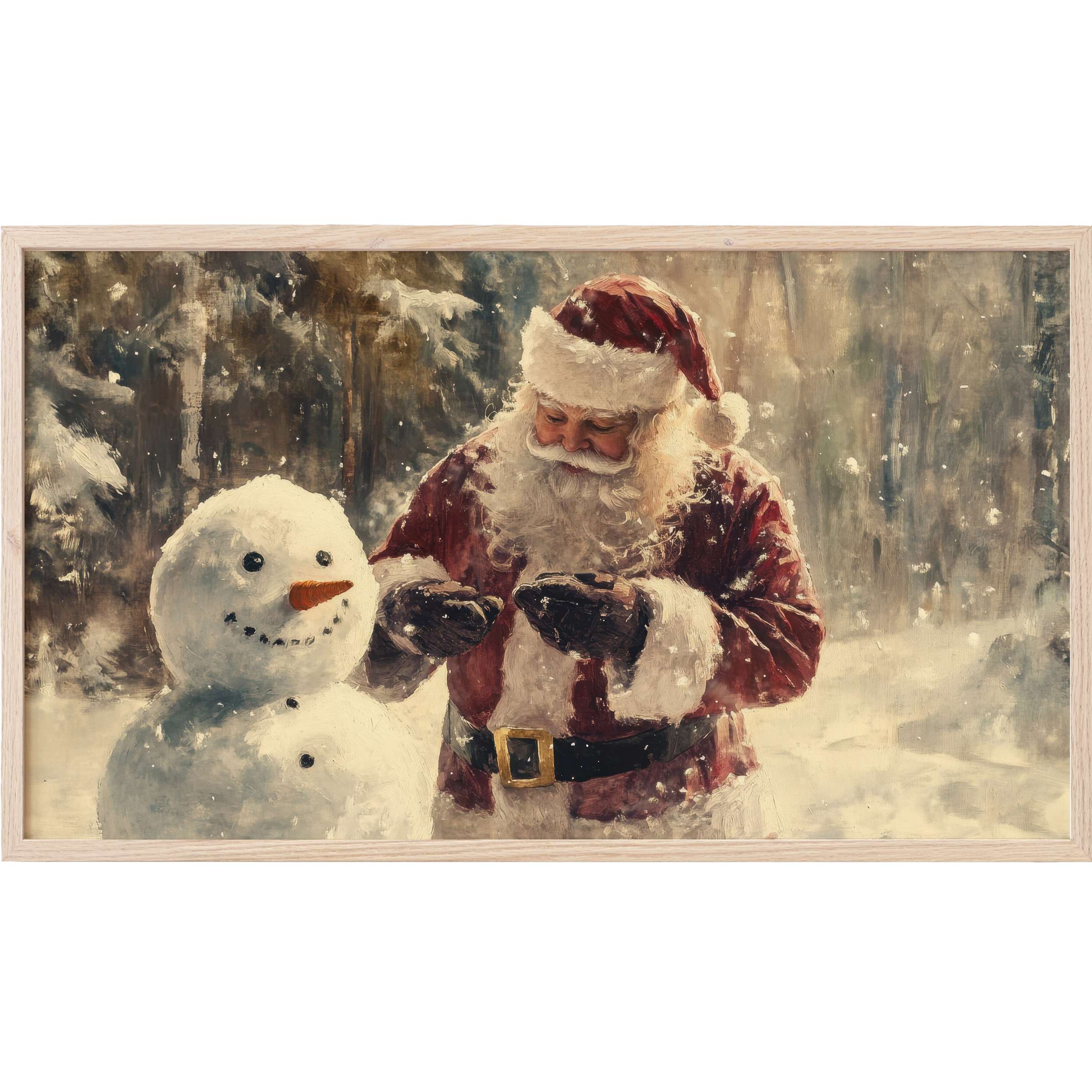 Warm, vintage-inspired christmas Frame TV Art of Santa building a snowman in muted winter tones with soft brushwork