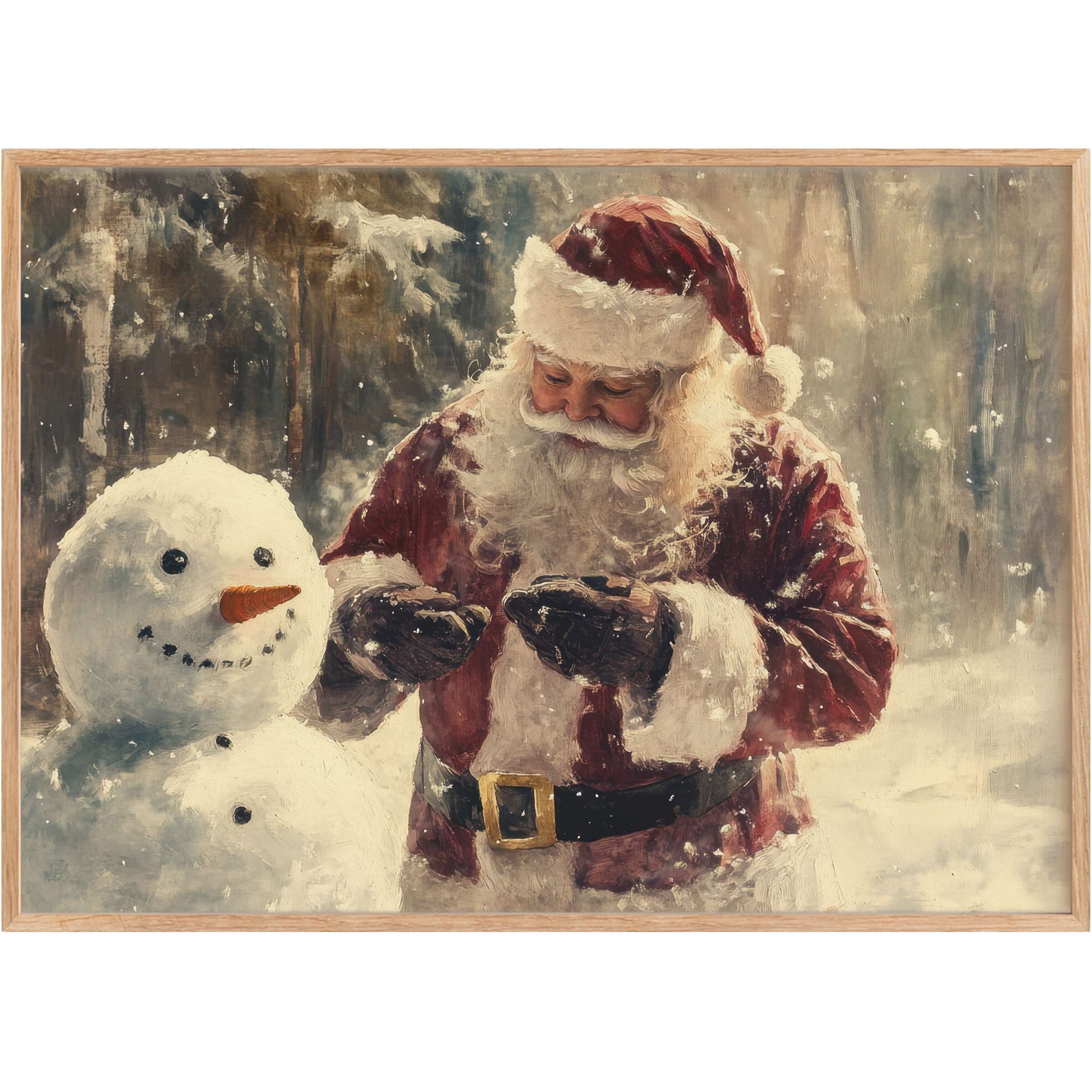 Christmas printable wall art capturing Santa's warm, joyful moment with a snowman, evoking cozy, nostalgic winter charm