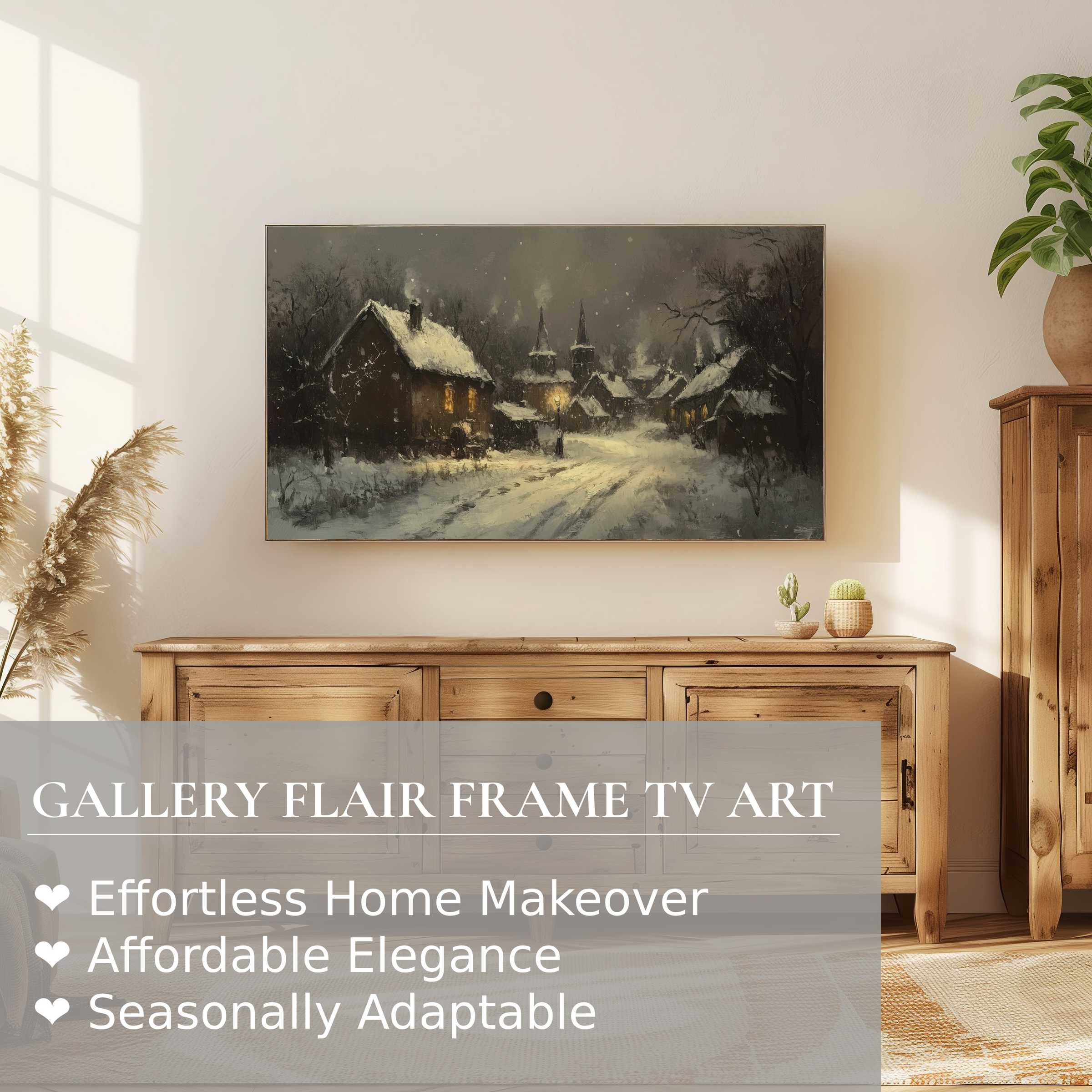 Samsung Frame TV displays a serene winter digital artwork of a snowy village, perfect for elegant home decor