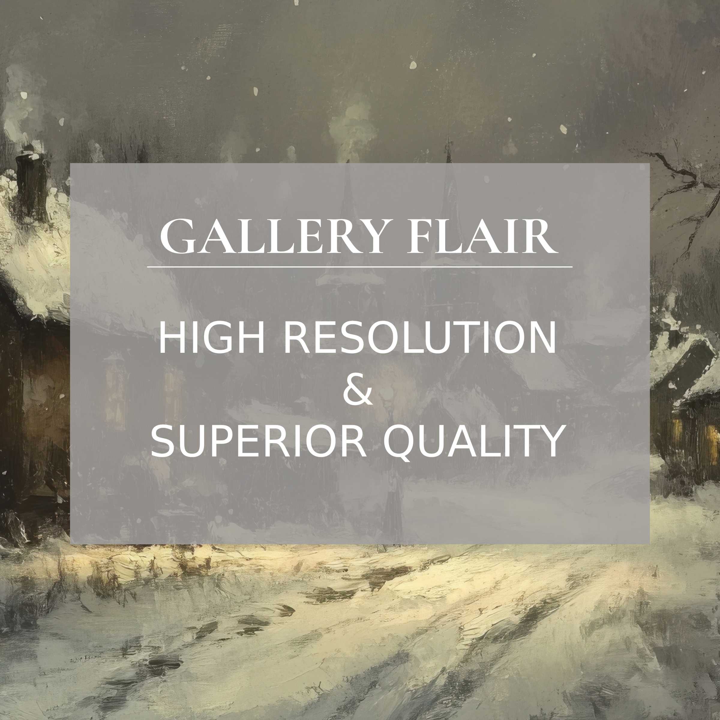 Winter printable art capturing a serene snowy village at dusk, with exquisite texture and radiant light enhancing refined, modern interiors