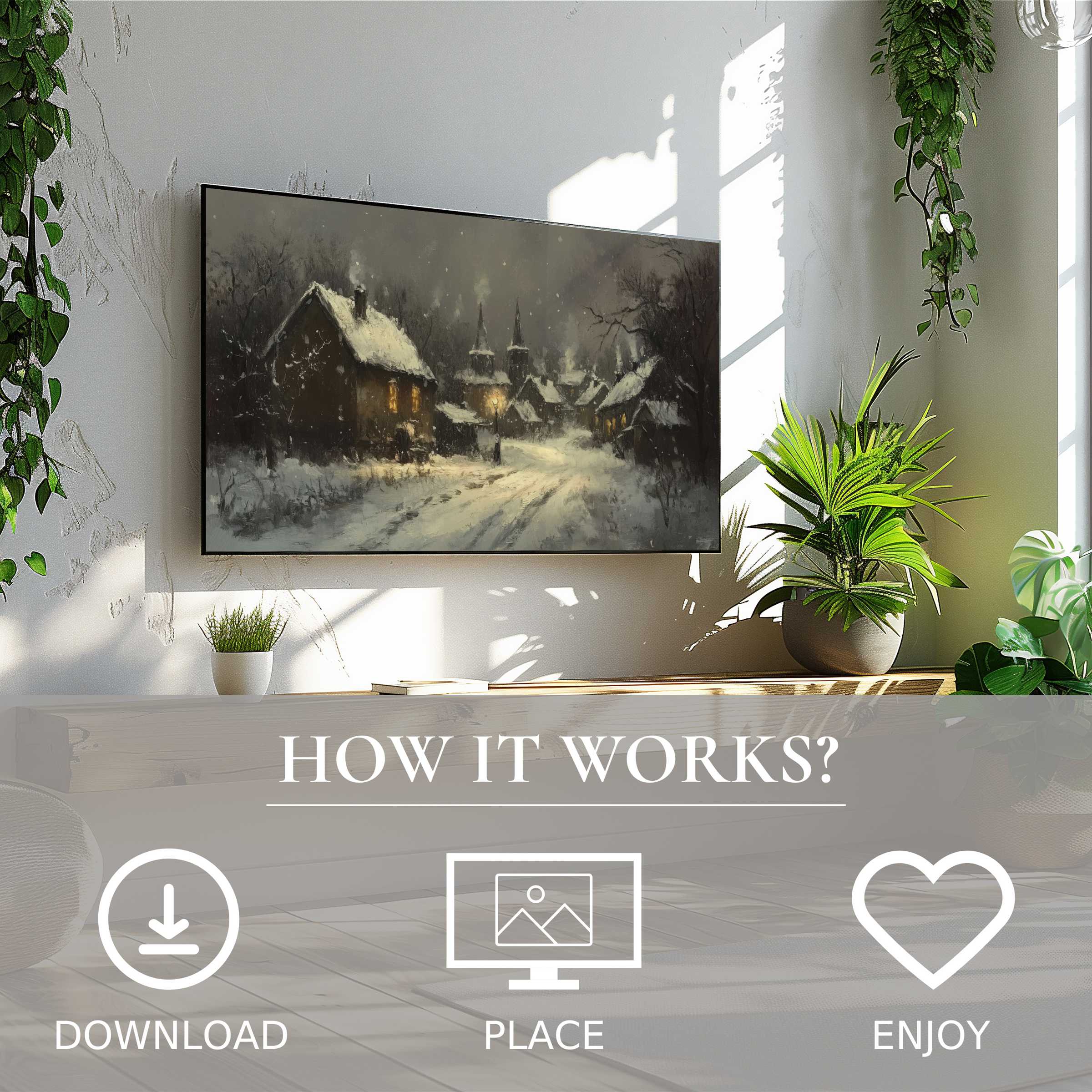 Winter art for Samsung TV shows cozy village motif in soft snow tones, easy digital download enriching modern living spaces