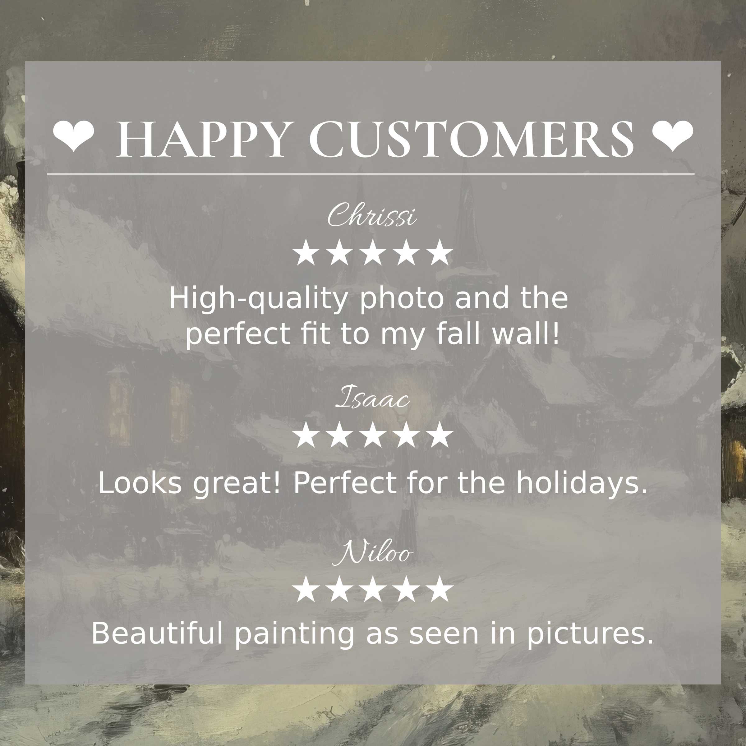 Winter art for Frame TV with muted snowy village backdrop; happy customer reviews build trust and showcase elegance