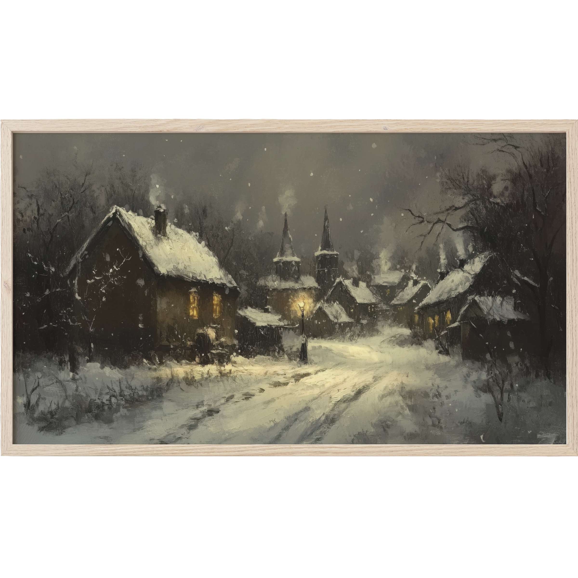 Winter Frame TV Art depicting a serene snow-covered village at dusk with warm, glowing lights and muted tones