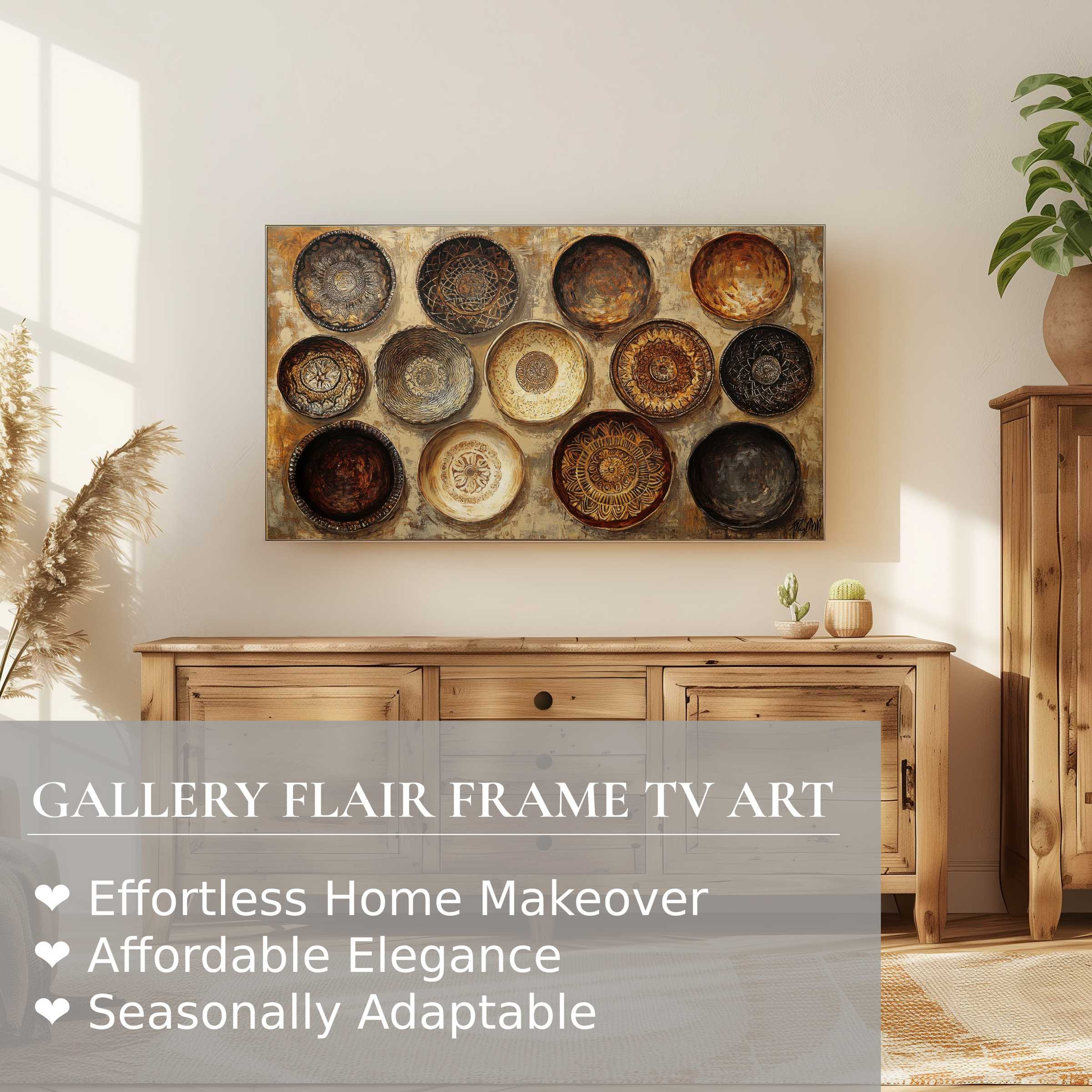 Samsung Frame TV displaying warm-toned boho digital artwork in a sunlit, elegant modern living space