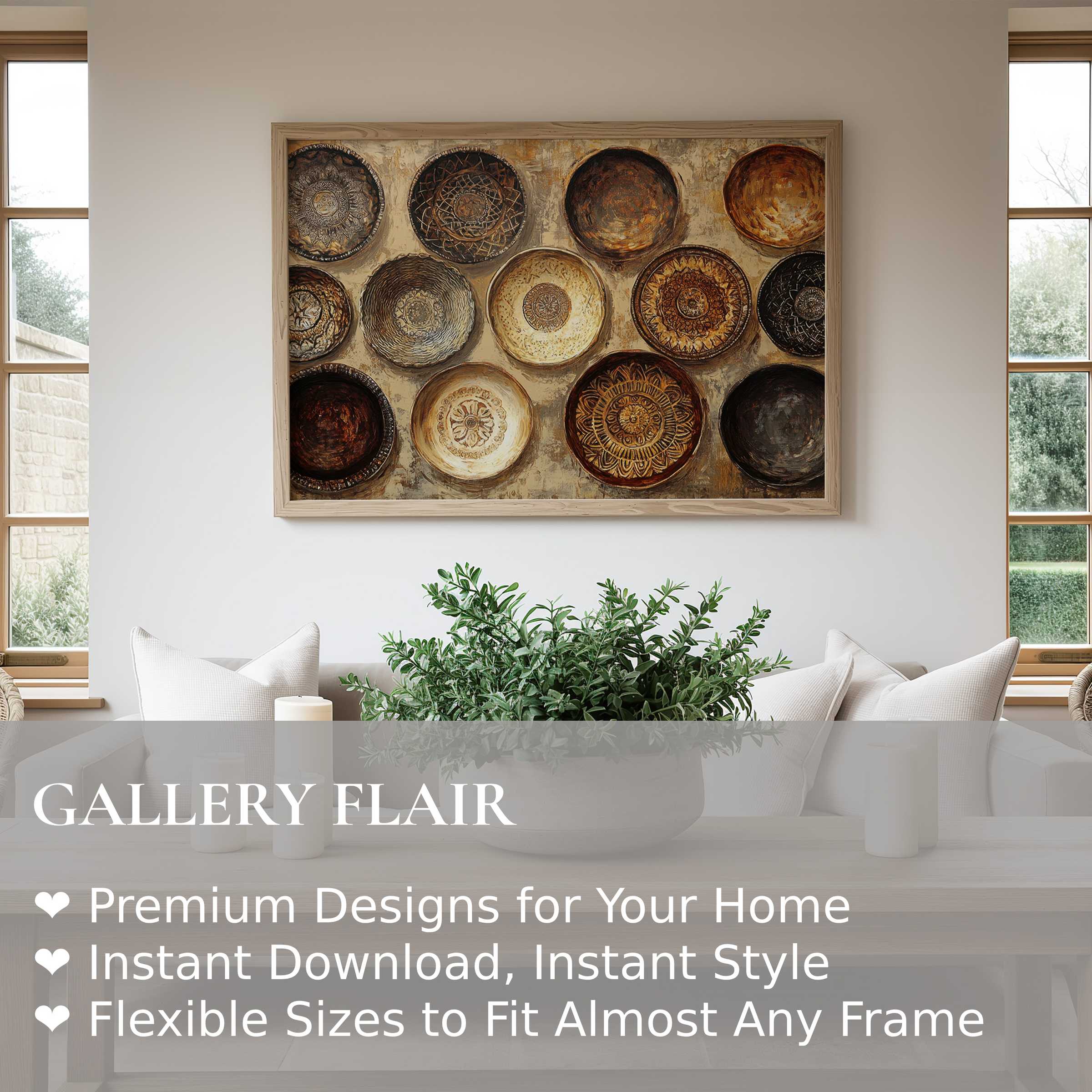 Boho wall art print featuring warm, textured tribal baskets in a serene modern living space, enhancing earthy, rustic elegance