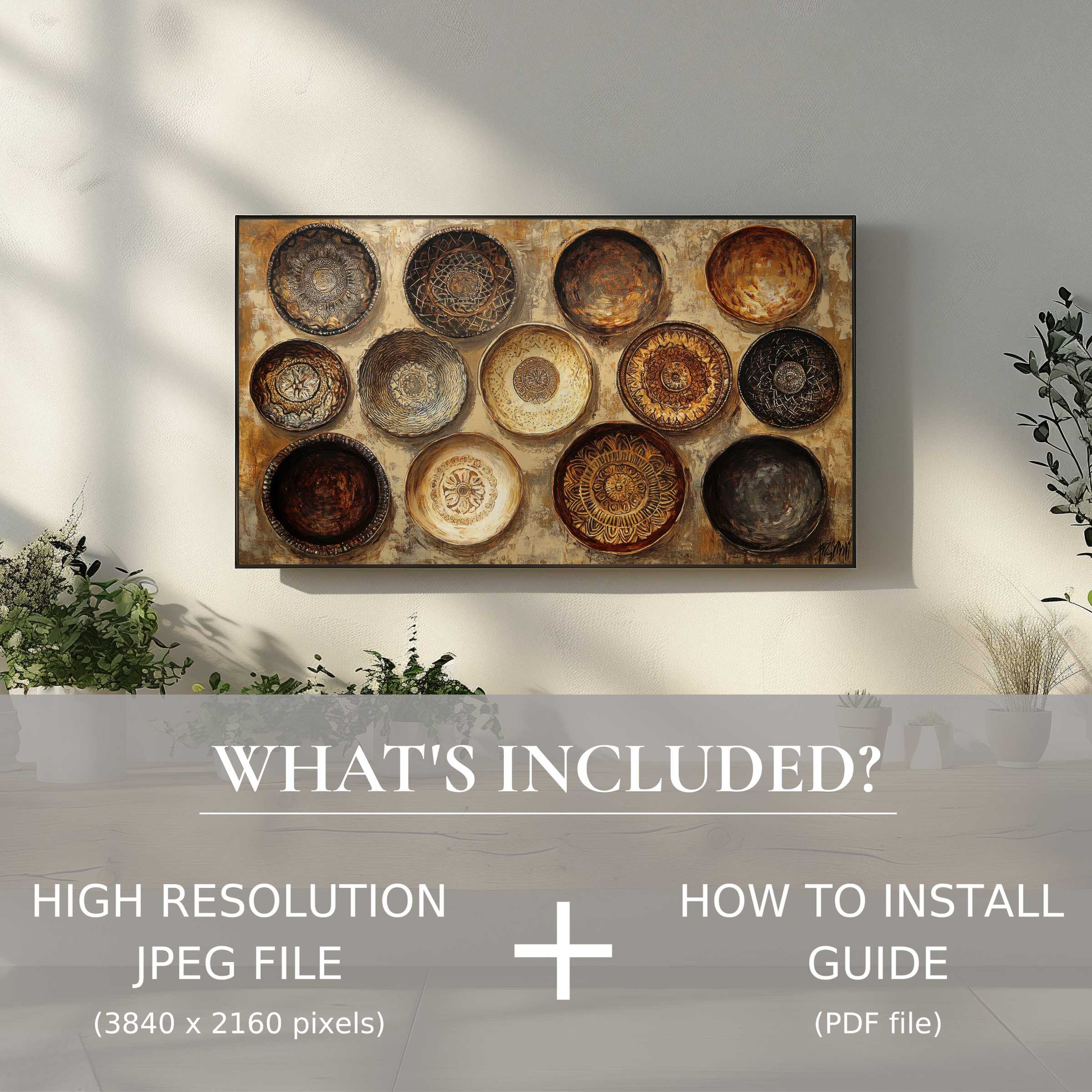 Elegant boho digital TV art download enhances living spaces with easy digital use and warm, stylish tribal bowl designs