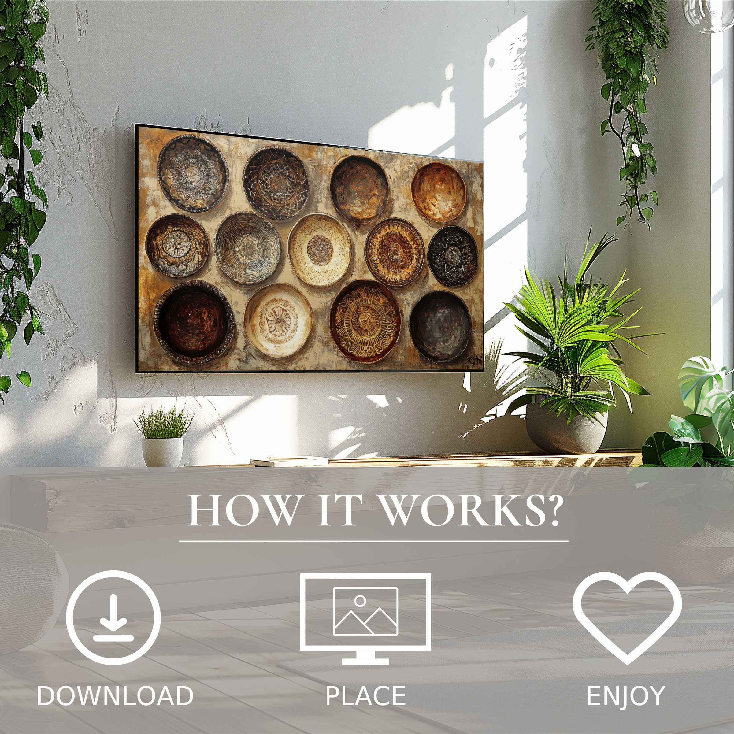 Boho art for Samsung TV with warm earth tones and textured bowls; easy digital download enriches minimalist spaces