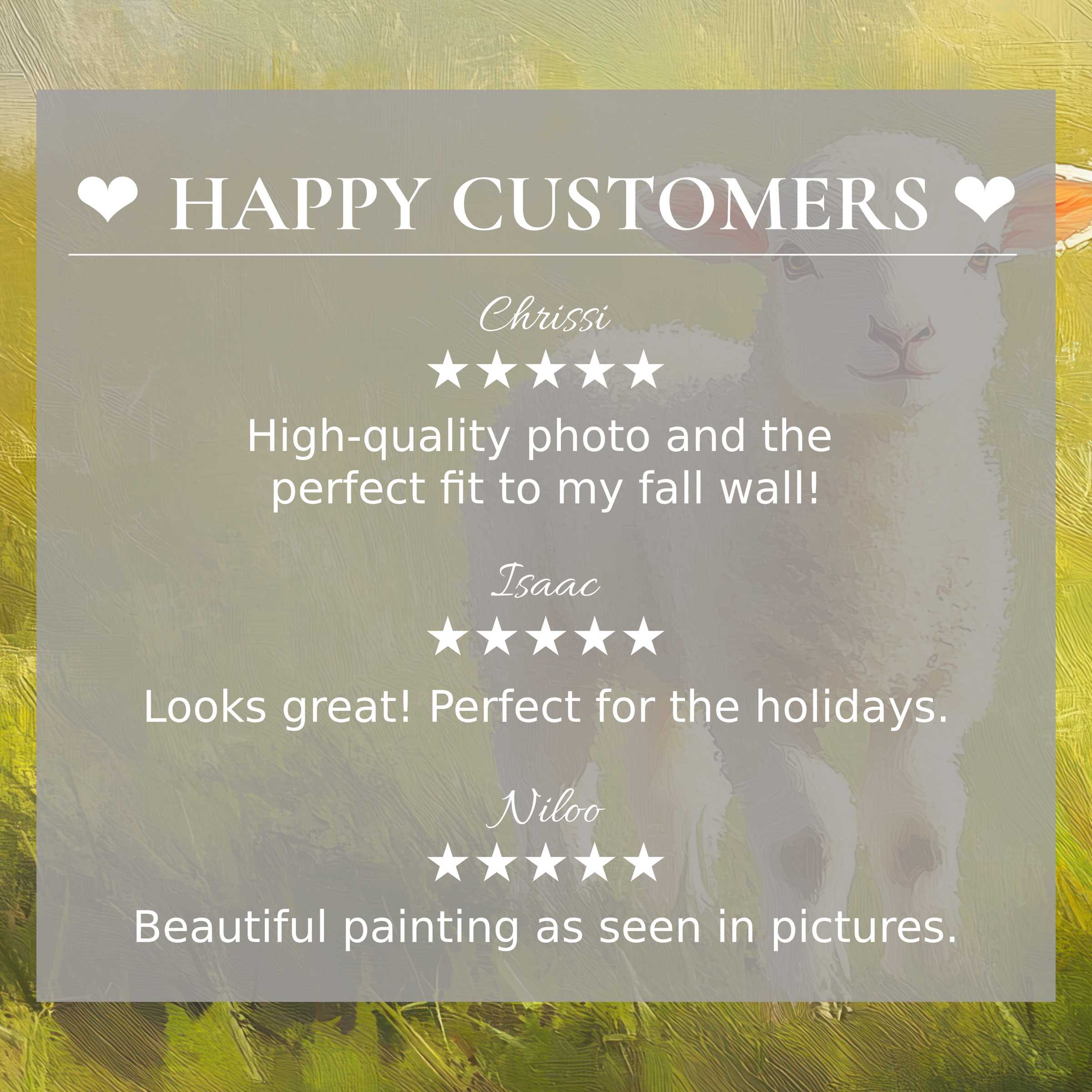 Easter art for Frame TV with happy customer reviews, featuring soft green and yellow lamb painting background