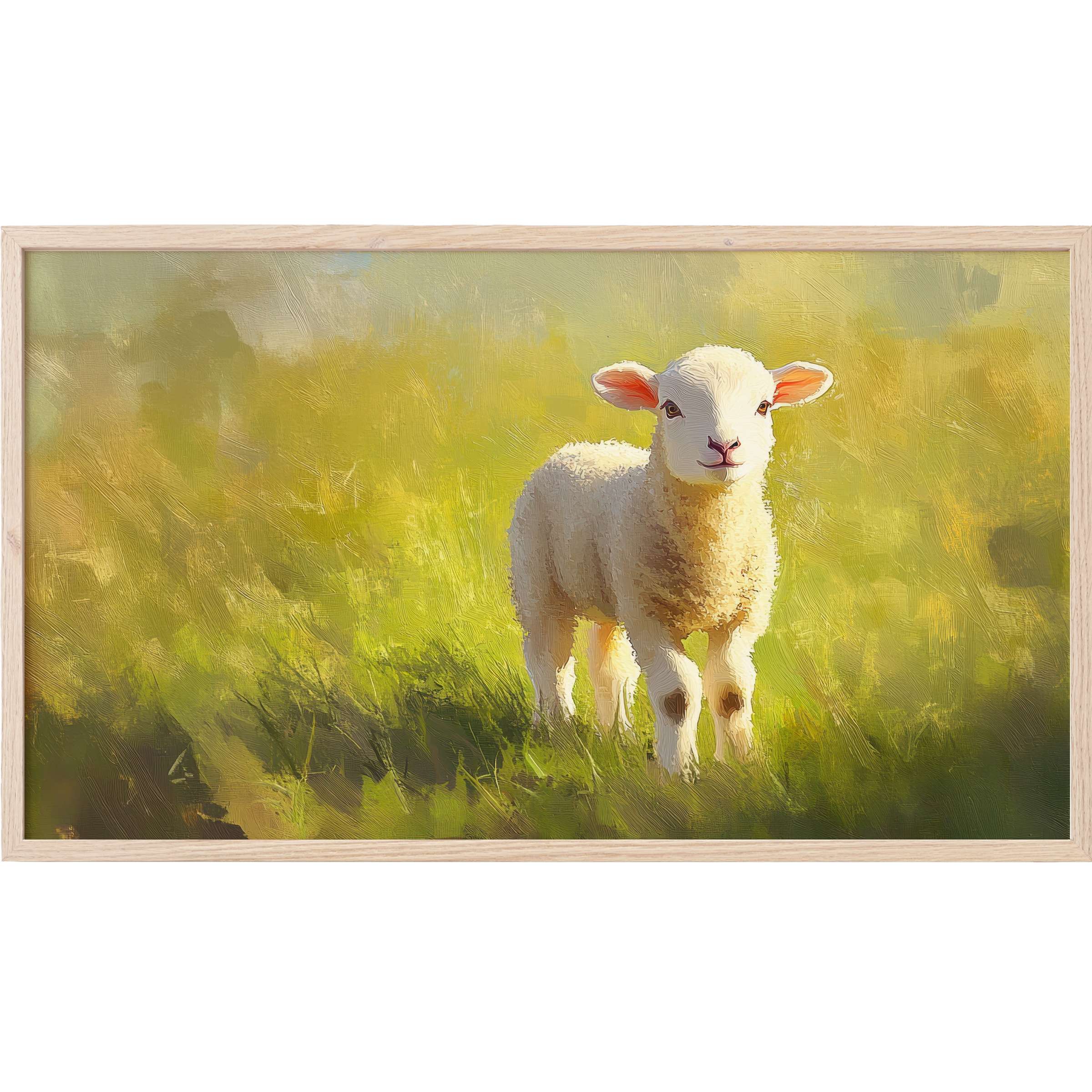 Softly lit lamb in lush green pasture with painterly texture, a serene easter Frame TV Art for refined decor